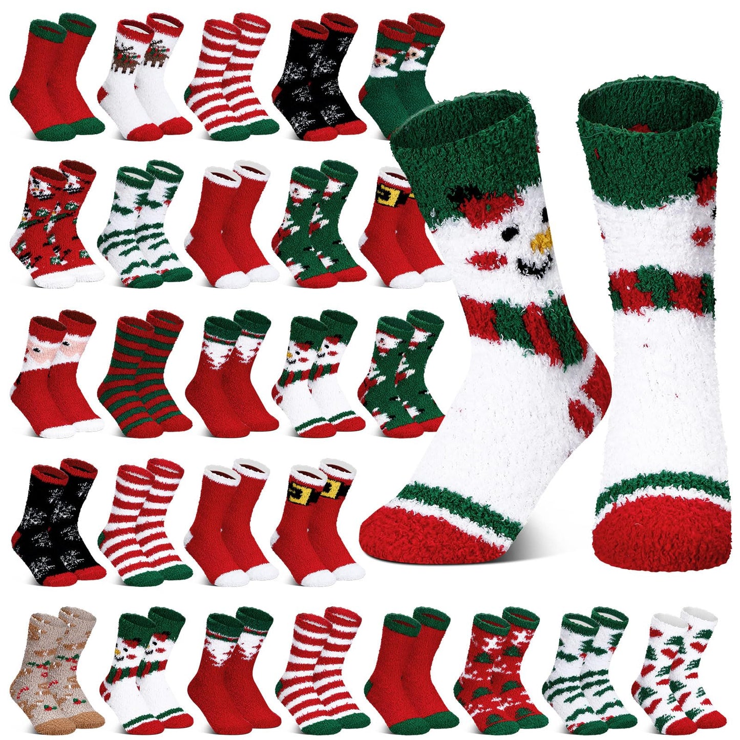 Hoolerry 30 Pairs Christmas Fuzzy Socks in Bulk for Women Adult Men Gifts Fluffy Holiday Winter Socks Unisex Warm Crew Gifts(Snowman)