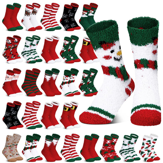Hoolerry 30 Pairs Christmas Fuzzy Socks in Bulk for Women Adult Men Gifts Fluffy Holiday Winter Socks Unisex Warm Crew Gifts(Snowman)