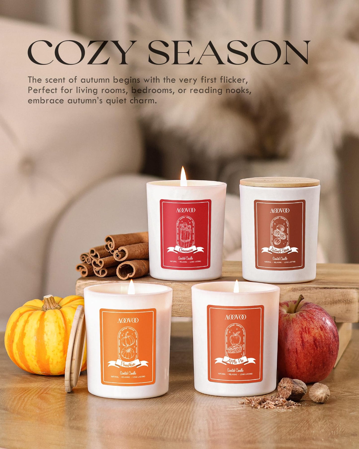 AOOVOO Fall Candles Set for Women - 4 Pack Candles for Home Scented, Aromatherapy Candle with Crystals Inside, 28 oz 200 Hour Long Lasting, Autumn Fragrance of Apple Pie/Cinnamon/Pumpkin/Nutmeg Beans