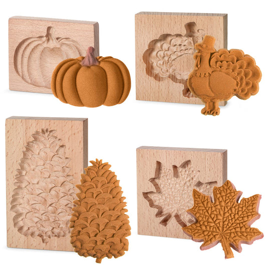 eBoot 4 Pcs Thanksgiving Cookie Molds Carved Wooden Cookie Press Embossing Cookie Cutter Funny 3D for Kitchen Baking DIY, 4 Styles