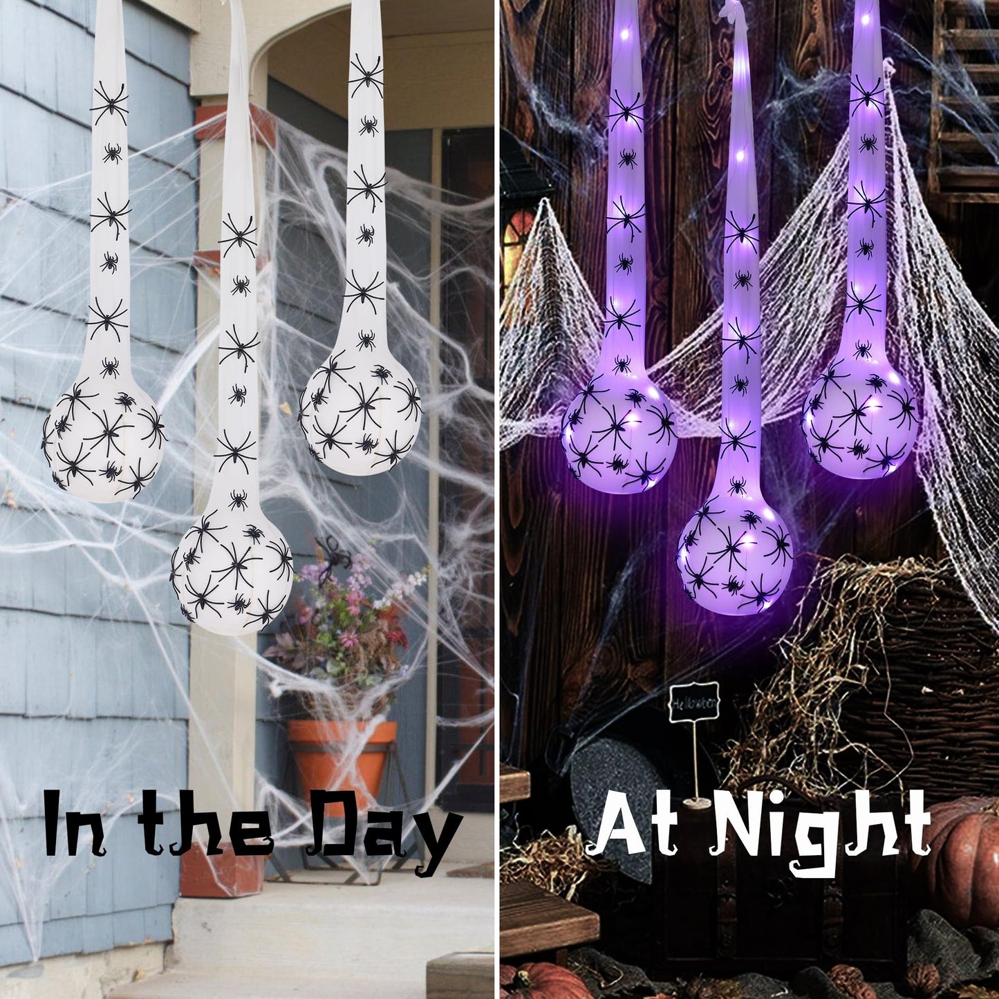 DR.DUDU 3 Pack Hanging Halloween Decorations Outdoor Giant Spider Egg 5"x28", Light Up Spider Webs with Purple LED Lights, Waterproof for Halloween Props Party Gifts, Yard Garden Tree House Décor