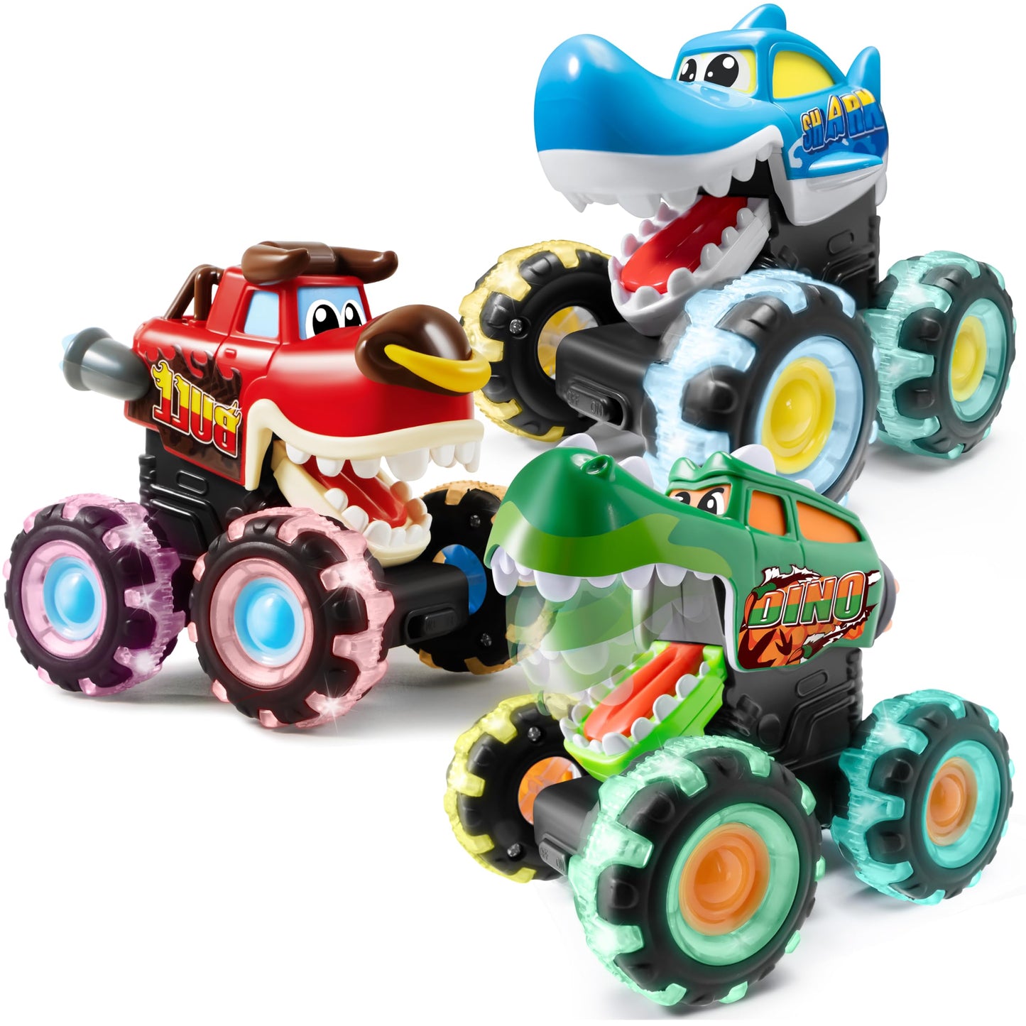 JOYIN 3 Pack Monster Truck Toy - Motion Activated Light-Up Cars for Toddlers - Monster Treads Lightning Wheels - Baby Toy Present - Press & Go Cars for Boys Girls Birthday Gifts