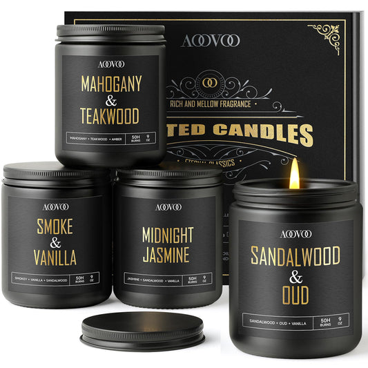 AOOVOO Scented Candles for Men - 4 Pack Candles for Home Scented, 36oz Soy Wax, 200 Hour Burn Time, Men Candle Set, Sandalwood Oud/Mahogany Teakwood/Smoke Vanilla/Jasmine Candle Set A