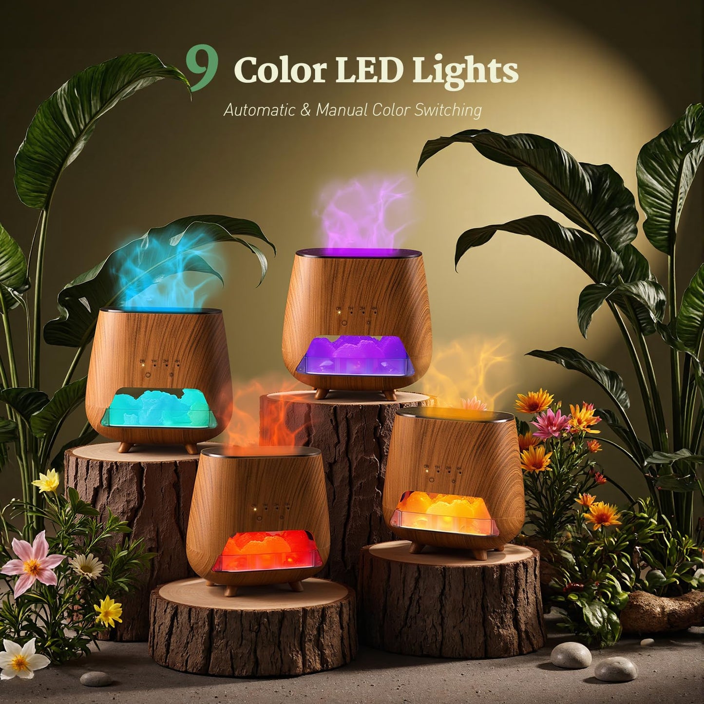 JJNJJN Essential Oil Diffuser for Home: 200ml Wood Grain Scent Diffuser - Pure Himalayan Pink Salt Rock - Cool Mist Humidifier with Auto Off Function and 9 Colors LED Light for Bedroom