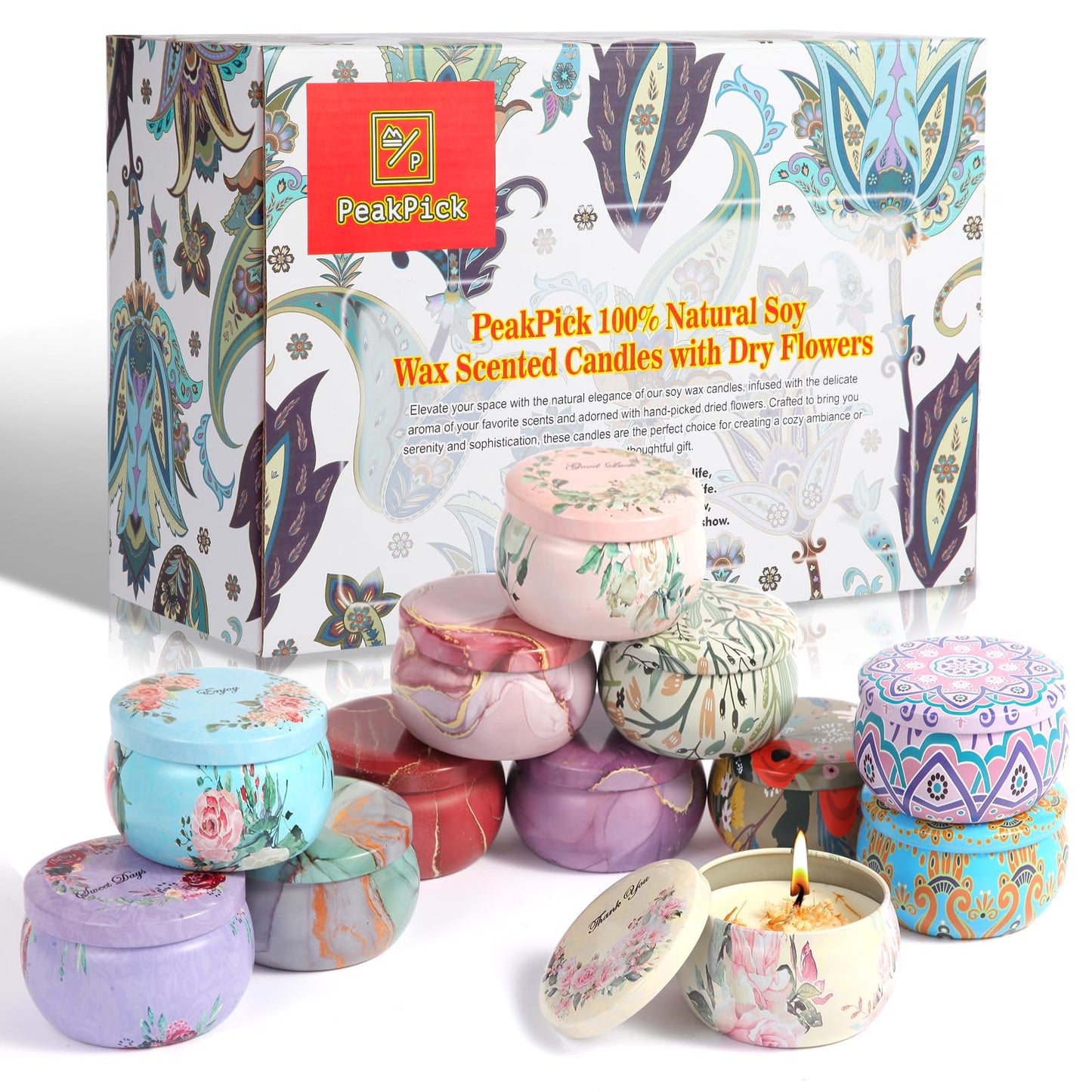 Peakpick 12-Pack Dried Flower Scented Candles Gift Set, Soy Wax, Aromatherapy Candles for Home Décor, Relaxation, and Unique Gifts – Ideal for Birthdays, Anniversaries, and Self-Care