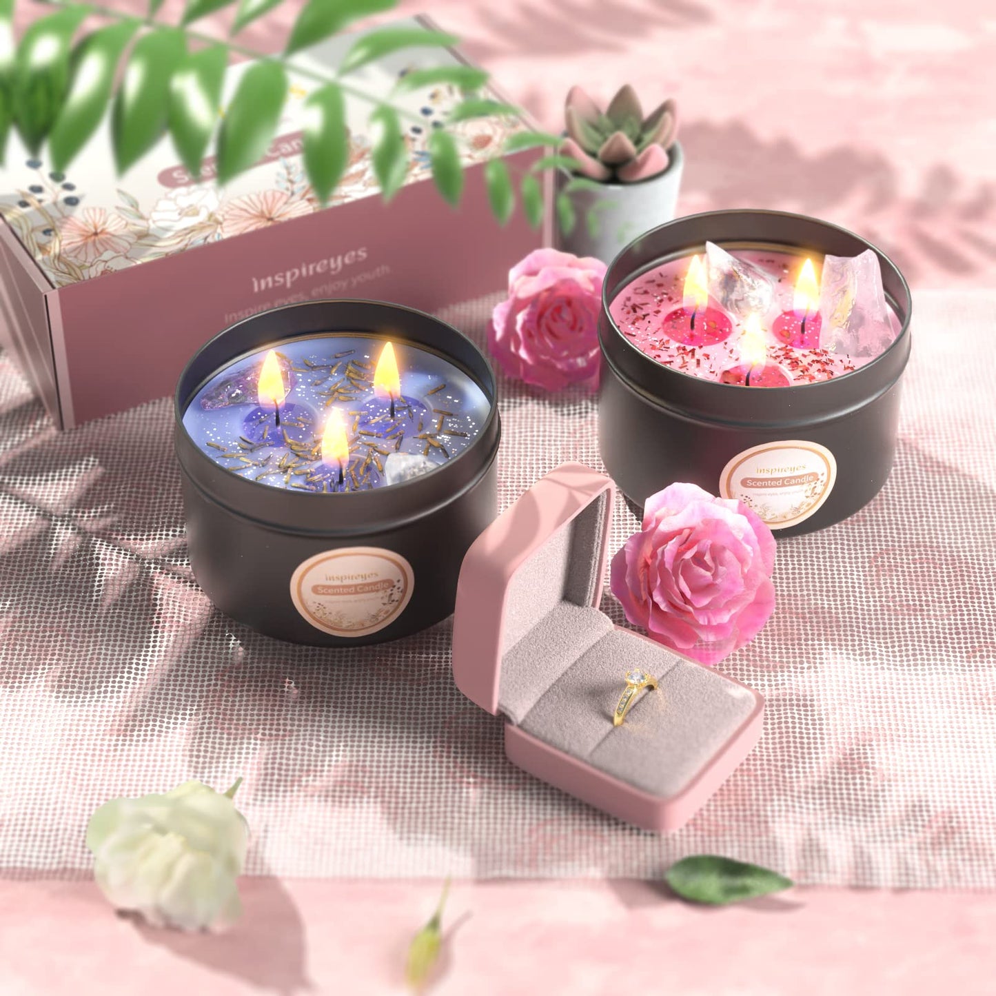 Inspireyes Scented Candles Set with Crystal, 3 Wick Candle 19 oz Soy Wax Aromatherapy Meditation Candles, Large Manifestation Candle with Large Energy Stones, Birthday Gifts for Women