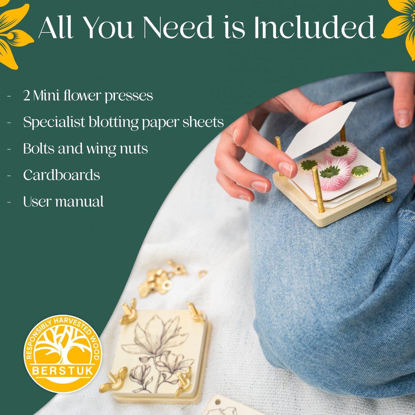 Berstuk Miniature Flower Press Kit for Adults - The Tiny Flower Preservation Kit Includes Two 3" x 3" Presses - Ideal Gift for Arts and Crafts Lovers