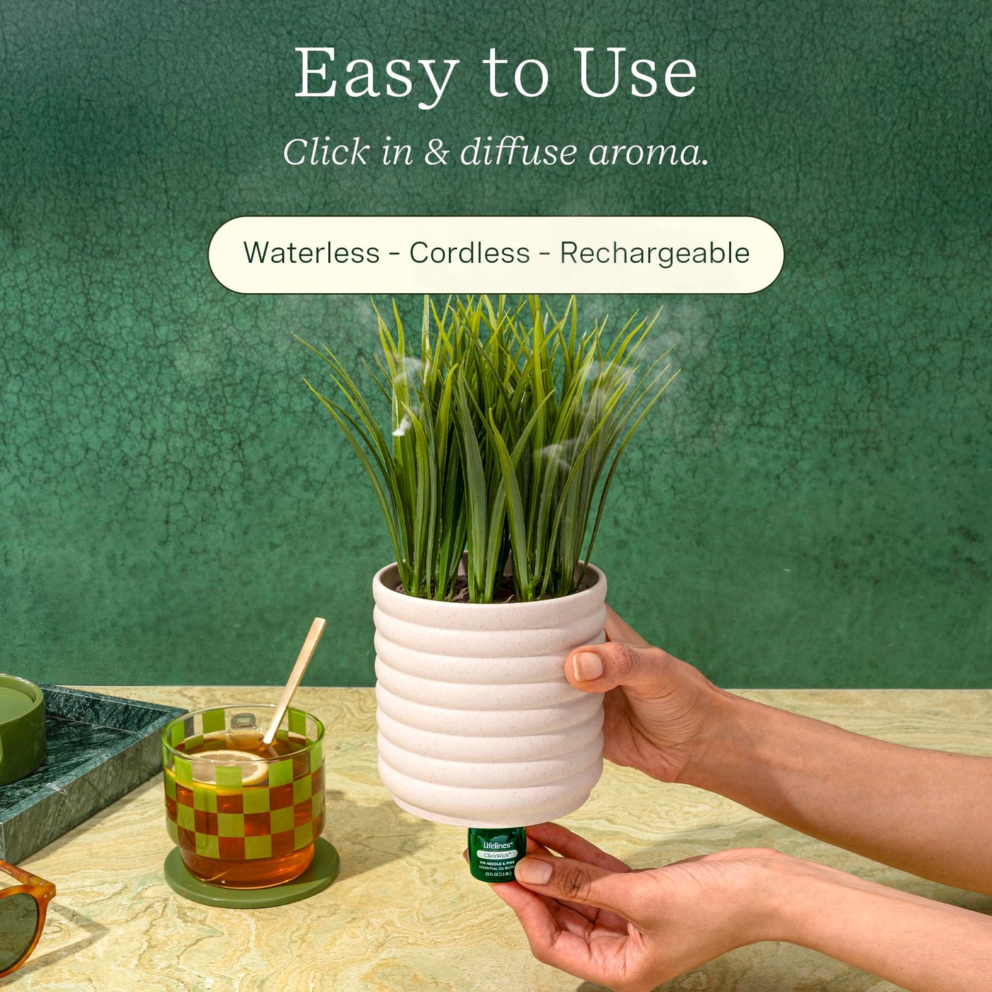 Lifelines Plant Diffuser with Modern Planter, Grass - Rechargeable Aromatherapy Diffuser, Artificial Faux Plants Home & Office - ClickWick Essential Oil Blend Included