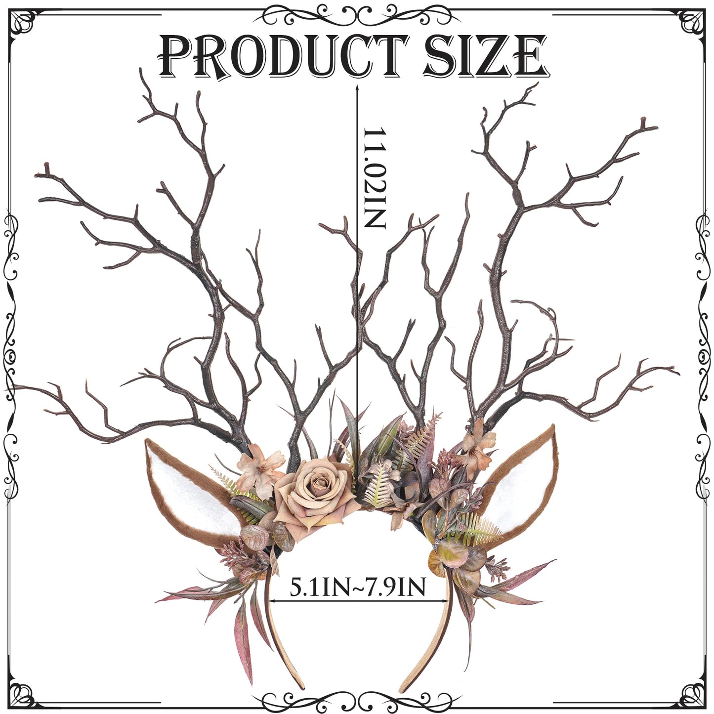 MOSTORY Flower Reindeer Ear Headband - Brown Branch Antlers Headband for Renaissance Deer Costume Women, Floral Antler Hairband for Renfaire Accessories Cosplay Fantasy Photo Shoot