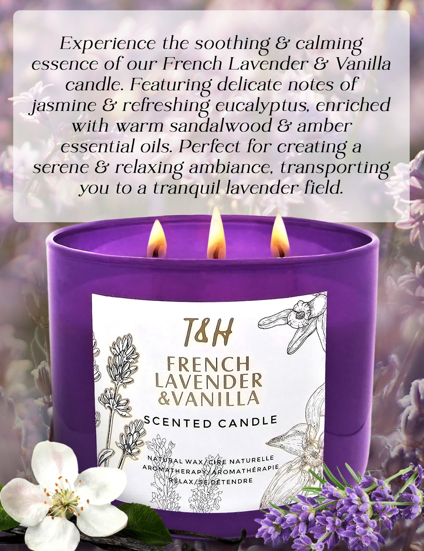 Lavender Vanilla Aromatherapy Candle 3 Wick | Scented Candles for Home | 15.8 oz Large Soy Candle | Relaxing Candles with Long Lasting Fragrance | Decorative Candle Gift for Women
