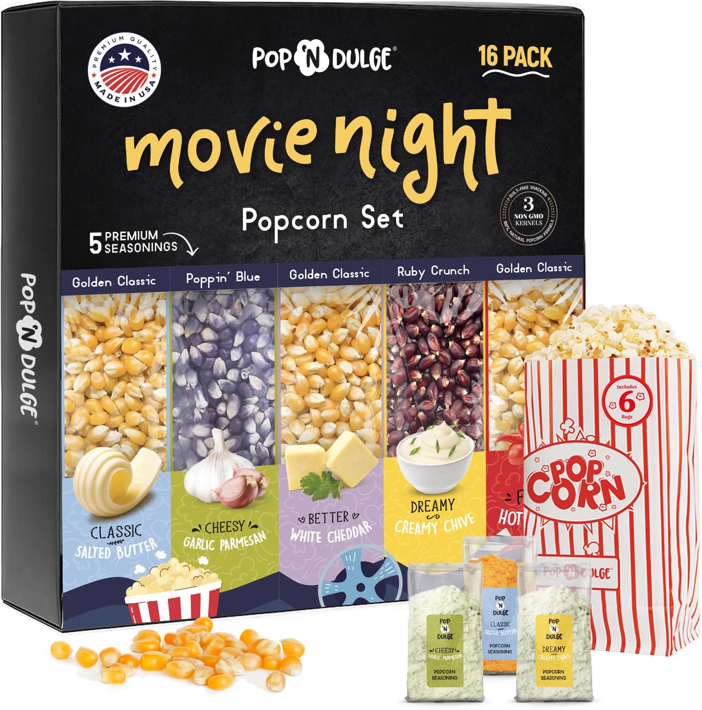 Pop n' Dulge Popcorn Movie Night Supplies 16 pcs Gift Set, 5 Gourmet Popcorn Kernels, 5 Seasoning Variety Packs Non-GMO Kosher Snacks, Great Housewarming Family Date Night Gifts Basket Ideas For Him Her