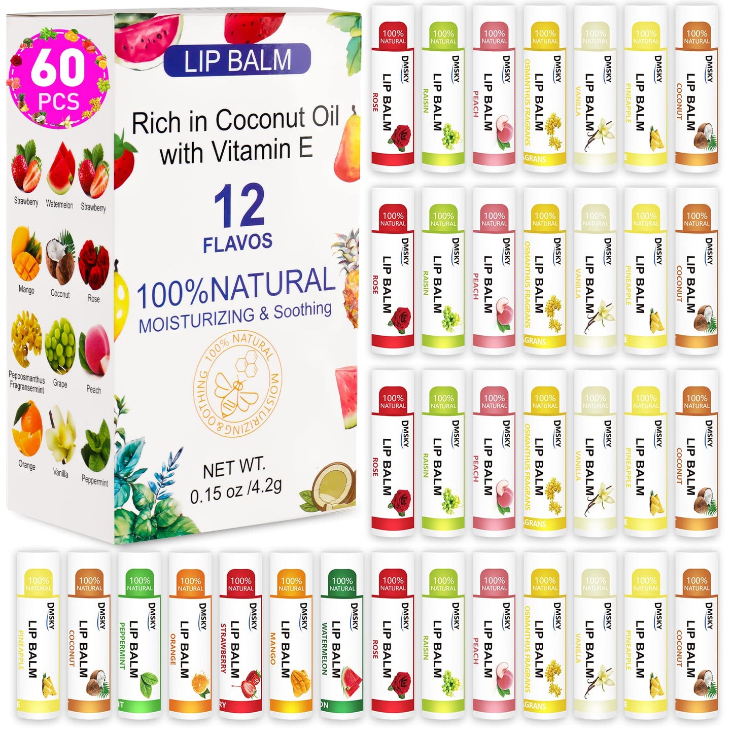 DMSKY 60 Pack Lip Balm, Natural Lip Balm Bulk with Vitamin E and Coconut Oil, Moisturizing Lip Balm for Chapped Lips, Bulk Lip Balm for Women-12 Flavors