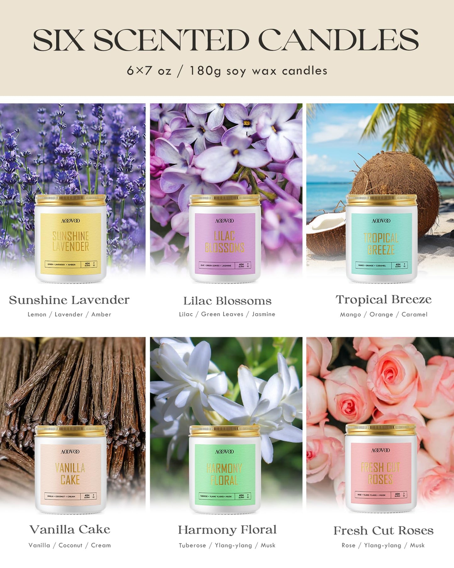 AOOVOO Scented Candles Set - 6 Pack Candles for Women, Lavender/Lilac/Vanilla/Floral/Rose/Breeze, Soy Candle Gifts for Home Scented, 42 oz, 300 Hours Burn Time