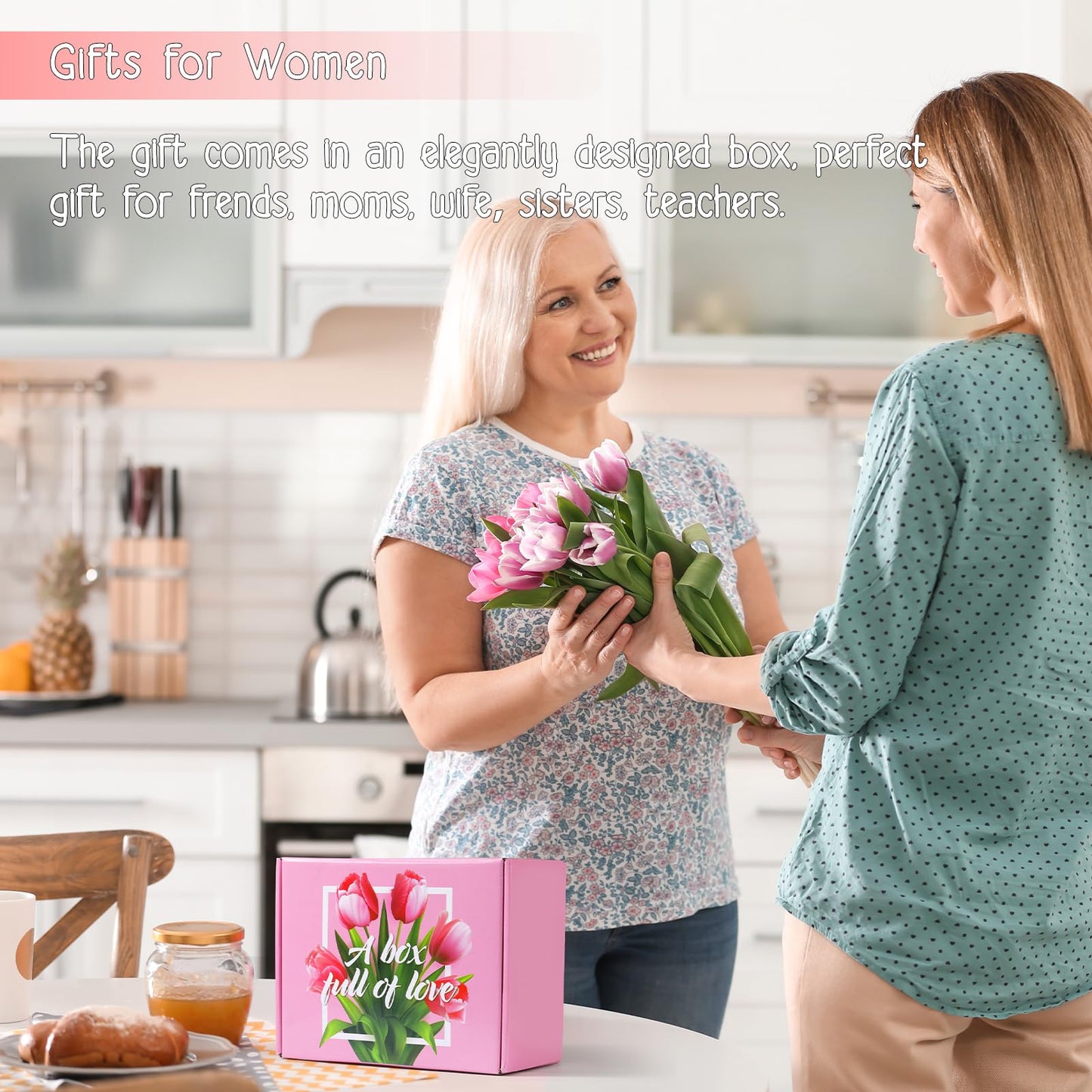 Gifts Baskets for Women, Birthday Baskets for Mom, Sister, Her, Employee, Wife, Thanksgiving Day, Christmas Gifts for Women, Care Package, Gift Sets with Canvas Tote Bag Sock Tumbler Soap Flower