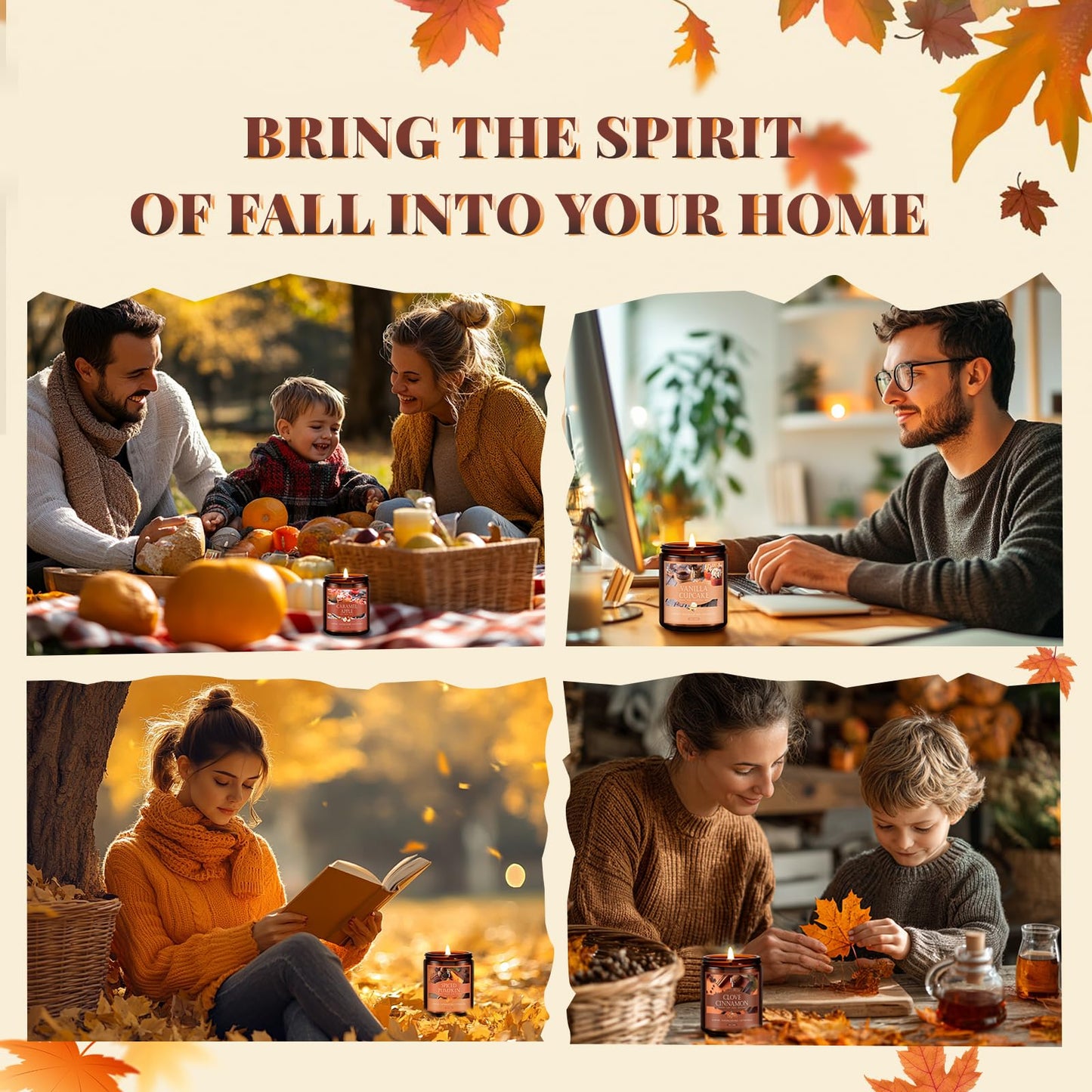 Fall Candles Set, 4 Pack Candles for Home Scented Natural Soy Wax, Autumn Gifts Set for Women Men, Fall Fragrance of Pumpkin/Cinnamon/Vanilla Cupcake/Apple
