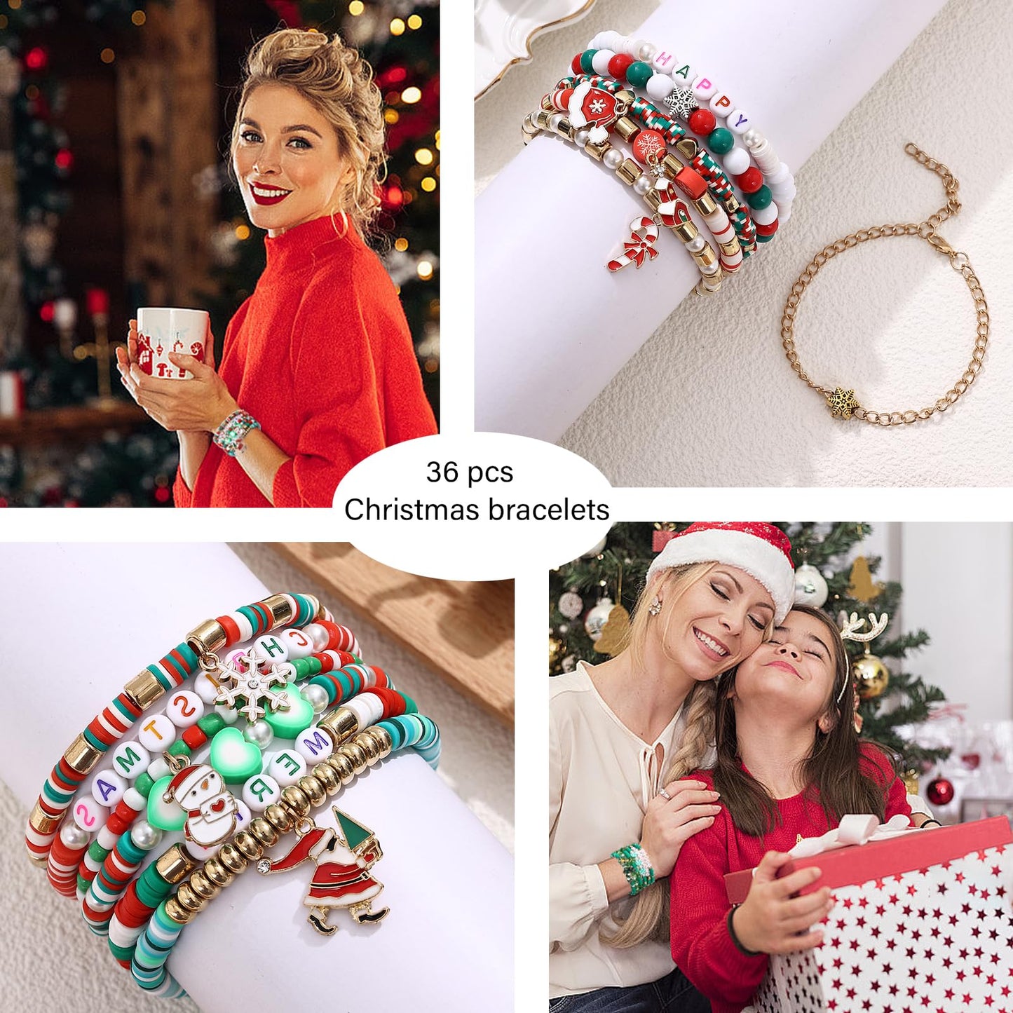 Cooluckday 36Pcs Christmas Bracelets Bulk Christmas Gifts for Women Christmas Friendship Bracelets Xmas Snowflake Snowman Bell Santa Claus Bracelets Stretch Bracelets as Party Gifts Bag Filler