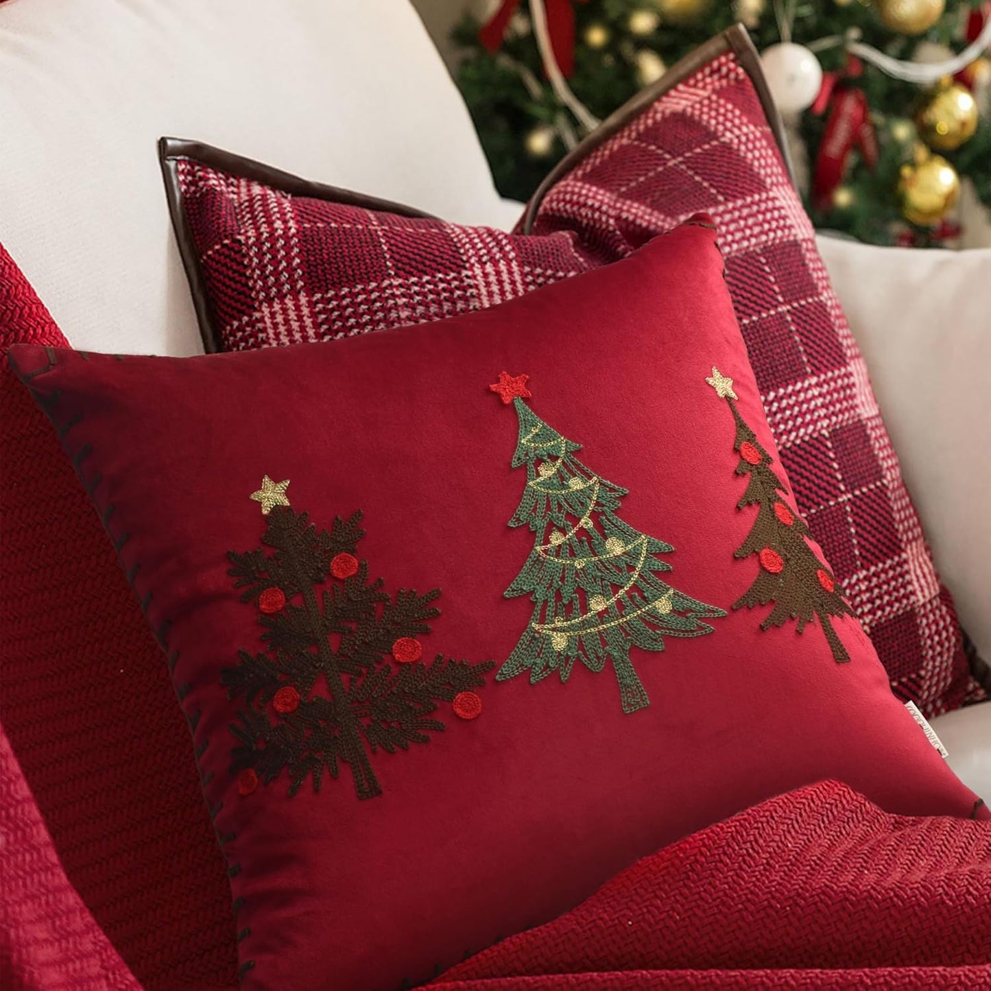 Christmas Pillow Covers 18x18 Inch - Red Embroidered Tree Throw Pillows for Holiday Decorations - Cushions for Couch, Sofa, Bed, Living Room, Bedroom
