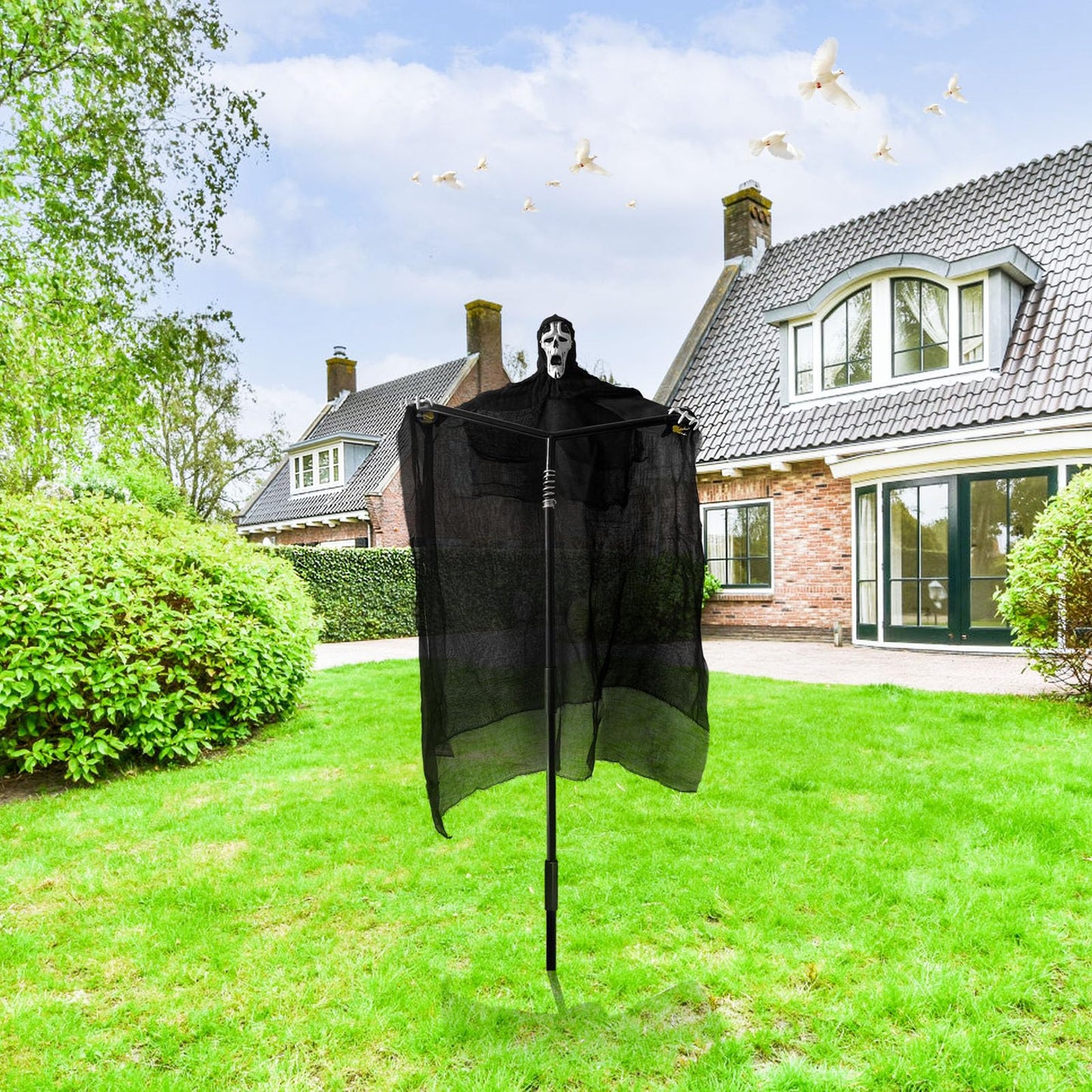 Flerigh Ghost Scarecrow Outdoor Bird Control with Glowing Eyes and Sounds, 2-in-1 Garden Scarecrow Halloween Decoys to Scarer Birds Away for Farm, Chicken Coop, House Protection