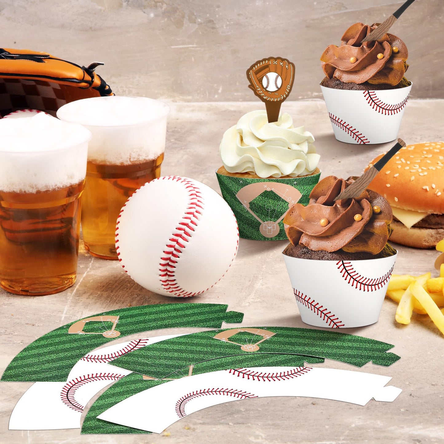 Geiserailie 100 Sets Baseball Cupcake Toppers and Wrappers Liners Baseball Party Decorations Sport Party Cake Supplies for Sport Themed Birthday Baby Shower Decorations Supplies