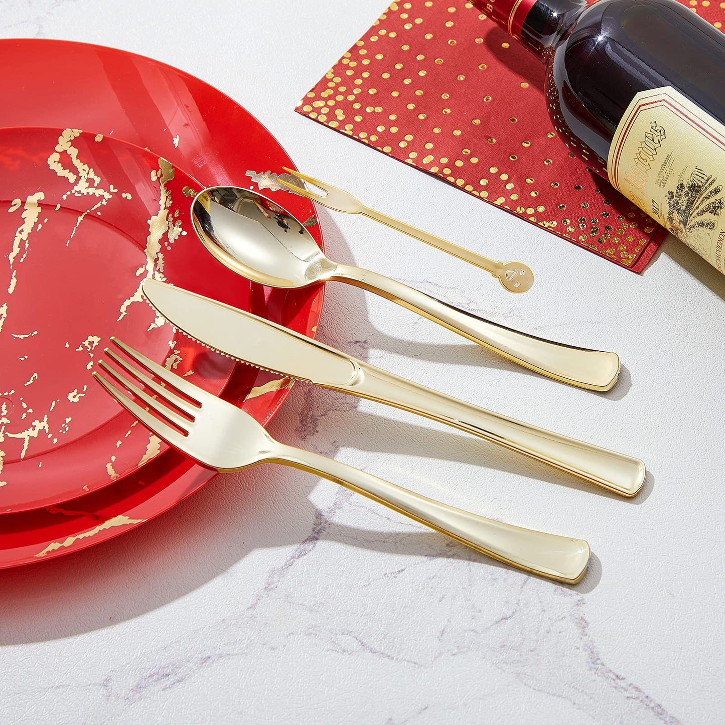 N9R 225PCS Red Gold Plastic Dinnerware Set - Disposable for Mother’s Day, Includes 25 Dinner Plates, 25 Dessert Plates, 25 Forks, 25 Spoons, 25 Knives, 25 Gold Cups, 25 Napkins & Table Cards