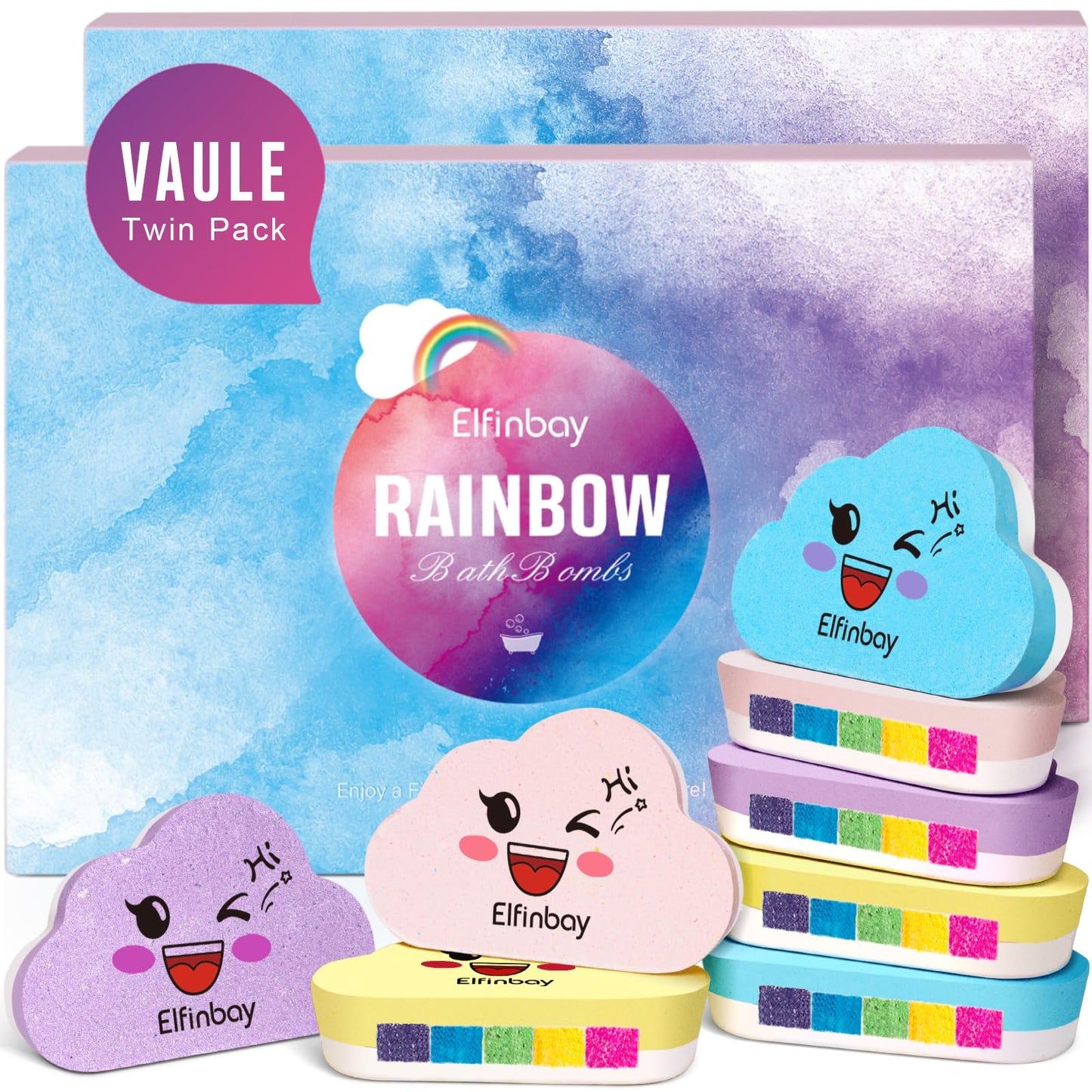 Elfinbay Rainbow Cloud Bath Bomb Gift Set, Bulk Kids Bath Bombs for Toddler Girls Individually Wrapped, Natural Bubble Bath Bombs for Kids Stocking Stuffers Halloween Christmas Birthday Gifts for Kid