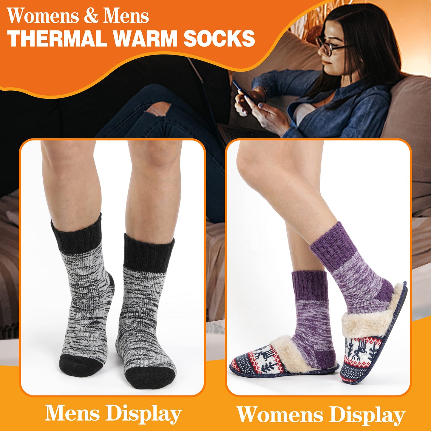 Welwoos Heated Thermal Socks for Women & Men Winter Warm Ski Thick Boot Insulated Gift Socks Stocking Stuffers for Women 3 Pairs (Purple & Blue & Grey B,L)