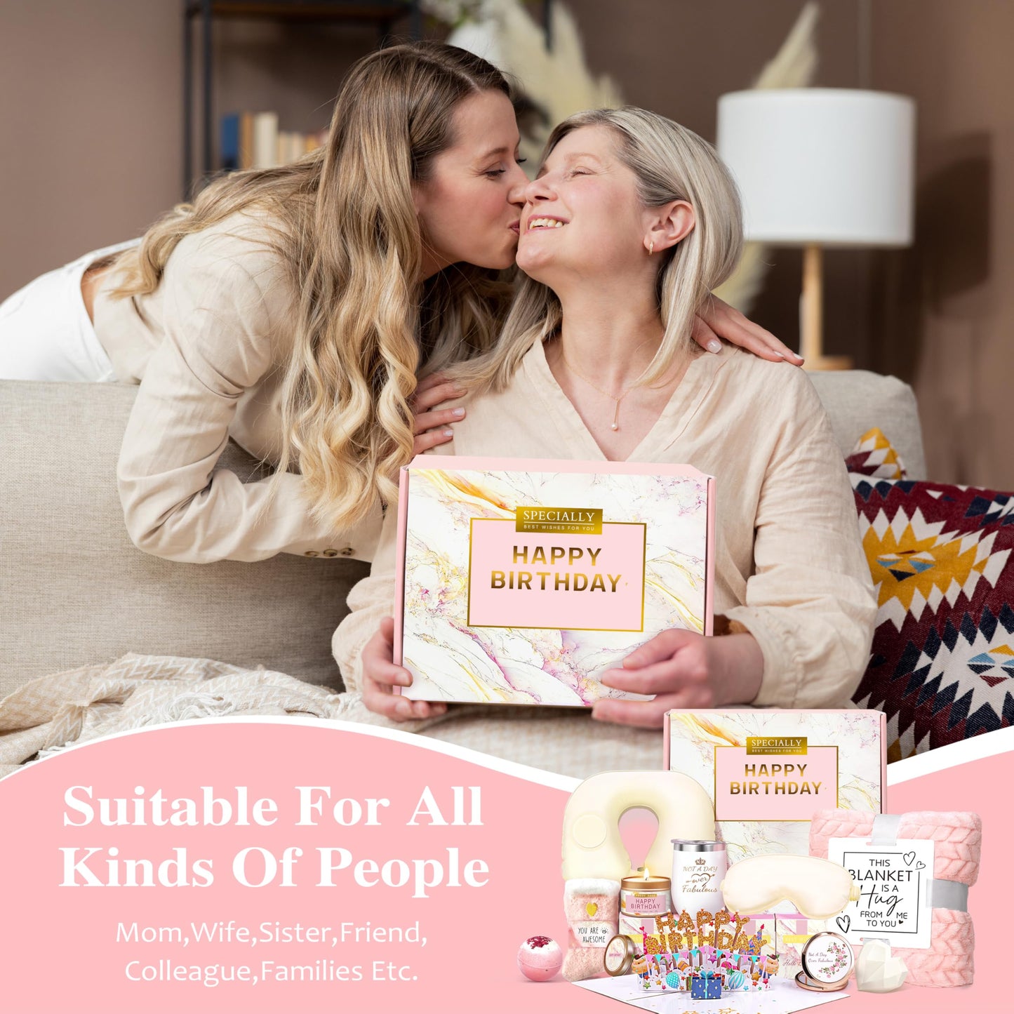 HSOEIXL Birthday Gifts for Women, Unique Spa Birthday Gift Basket with Blanket for Women - Happy Birthday Gifts for Her, Mom, Sister, Teacher, Girlfriend, Coworker, Wife, Bestie, BFF