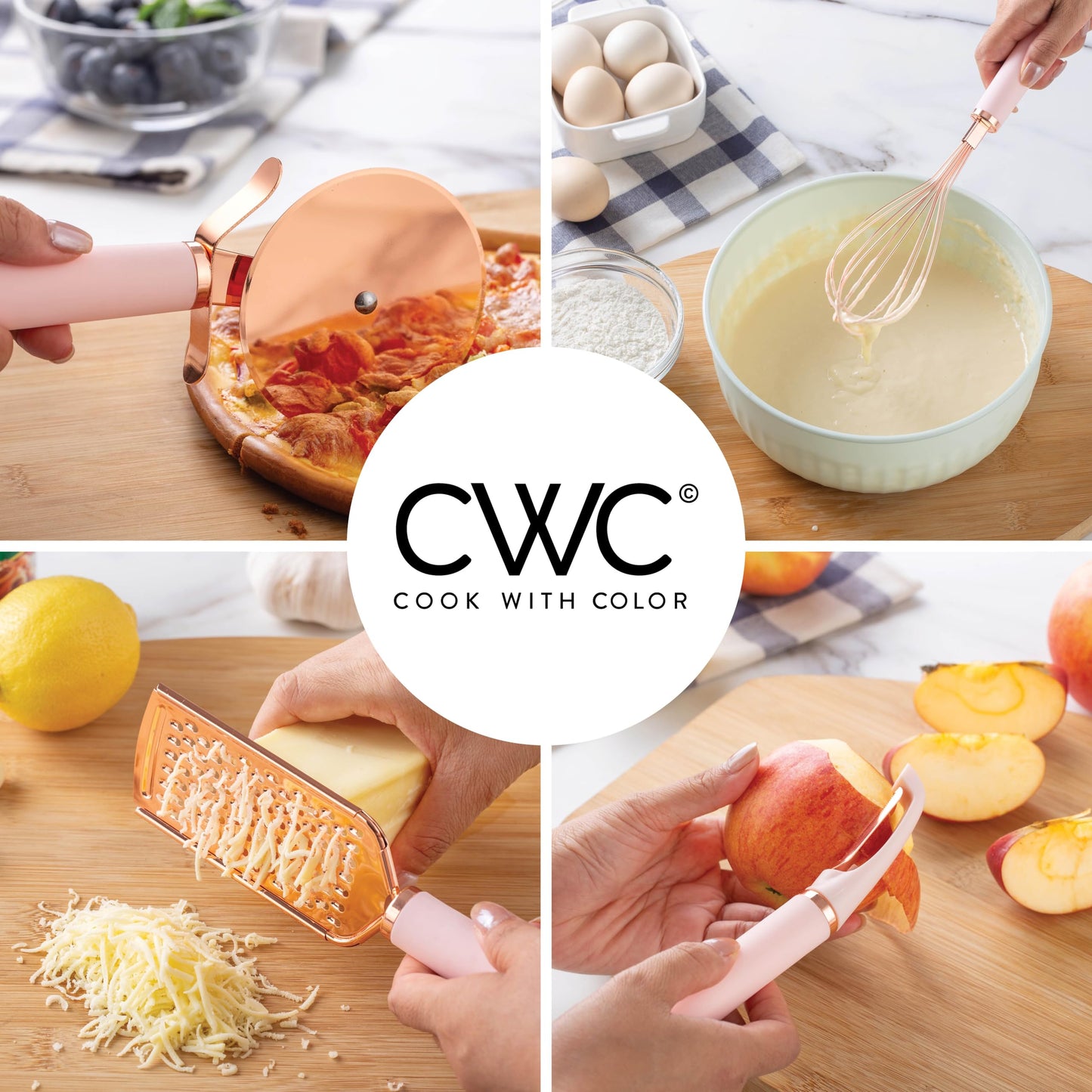 COOK WITH COLOR Kitchen Gadget Set Copper Plated Stainless Steel Utensils with Soft Touch Handles, Copper Pink, 7 Pieces