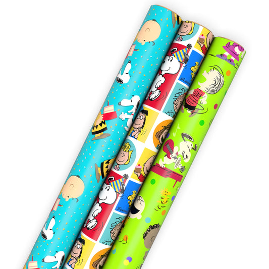 Hallmark Peanuts Wrapping Paper Rolls for Birthdays, Easter, Christmas (Set of 3 Rolls: 60 Sq. Ft. Total) Snoopy, Charlie Brown, Woodstock, Green, Blue, Red