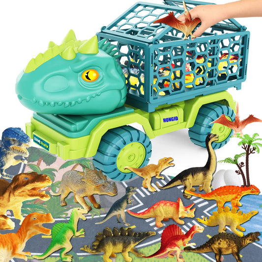 HONGID Dinosaur Truck Toy with 15 Dino Figures & Activity Play Mat, Dinosaur Eggs, Perfect for Kids 3-5 , Stocking Stuffer