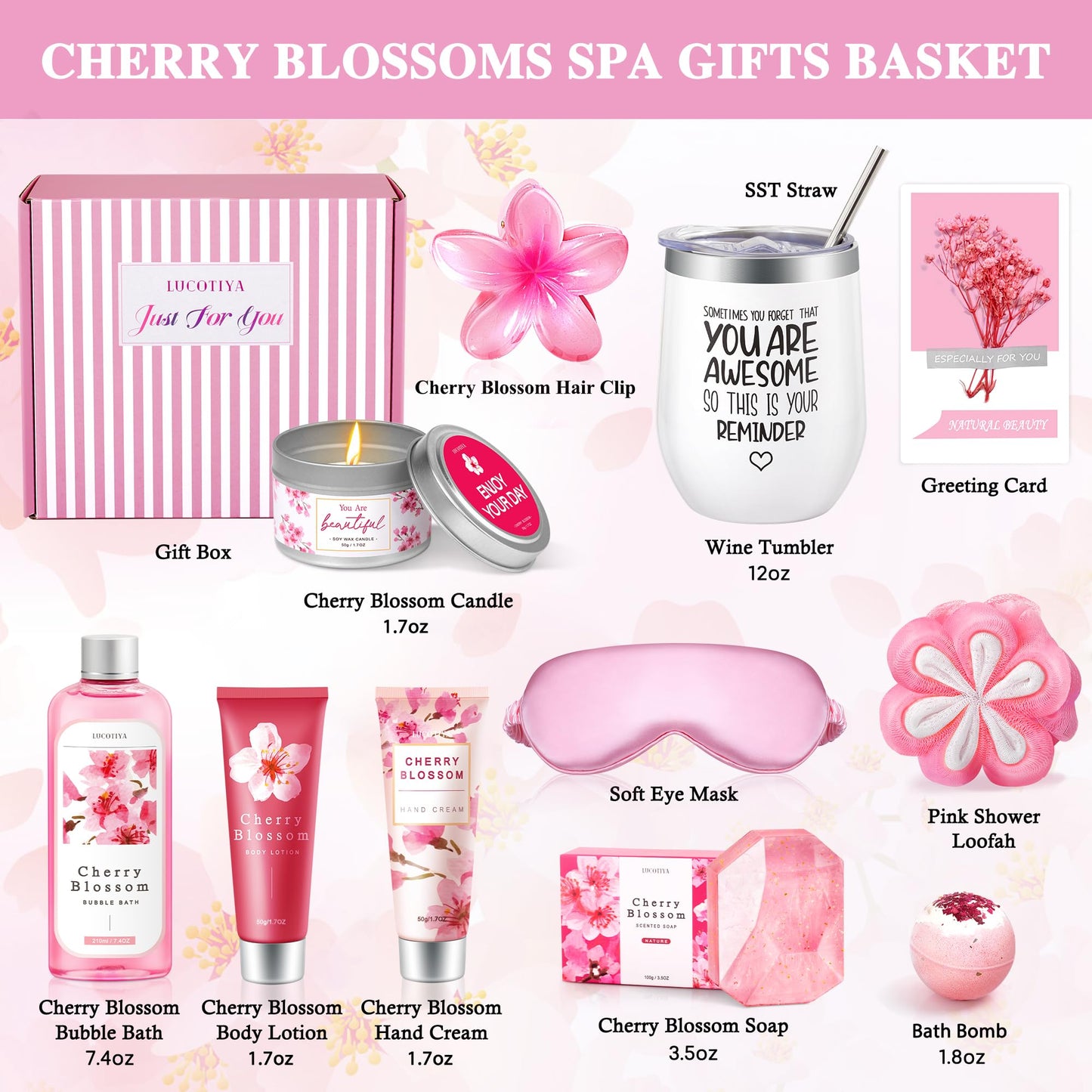 Gifts for Women Birthday Gifts, Spa Gifts Set- 10 Pcs Christmas Valentine's Mother's Day Gifts and Cherry Blossoms Self Care Package Gifts Women, Relaxing Gifts Basket