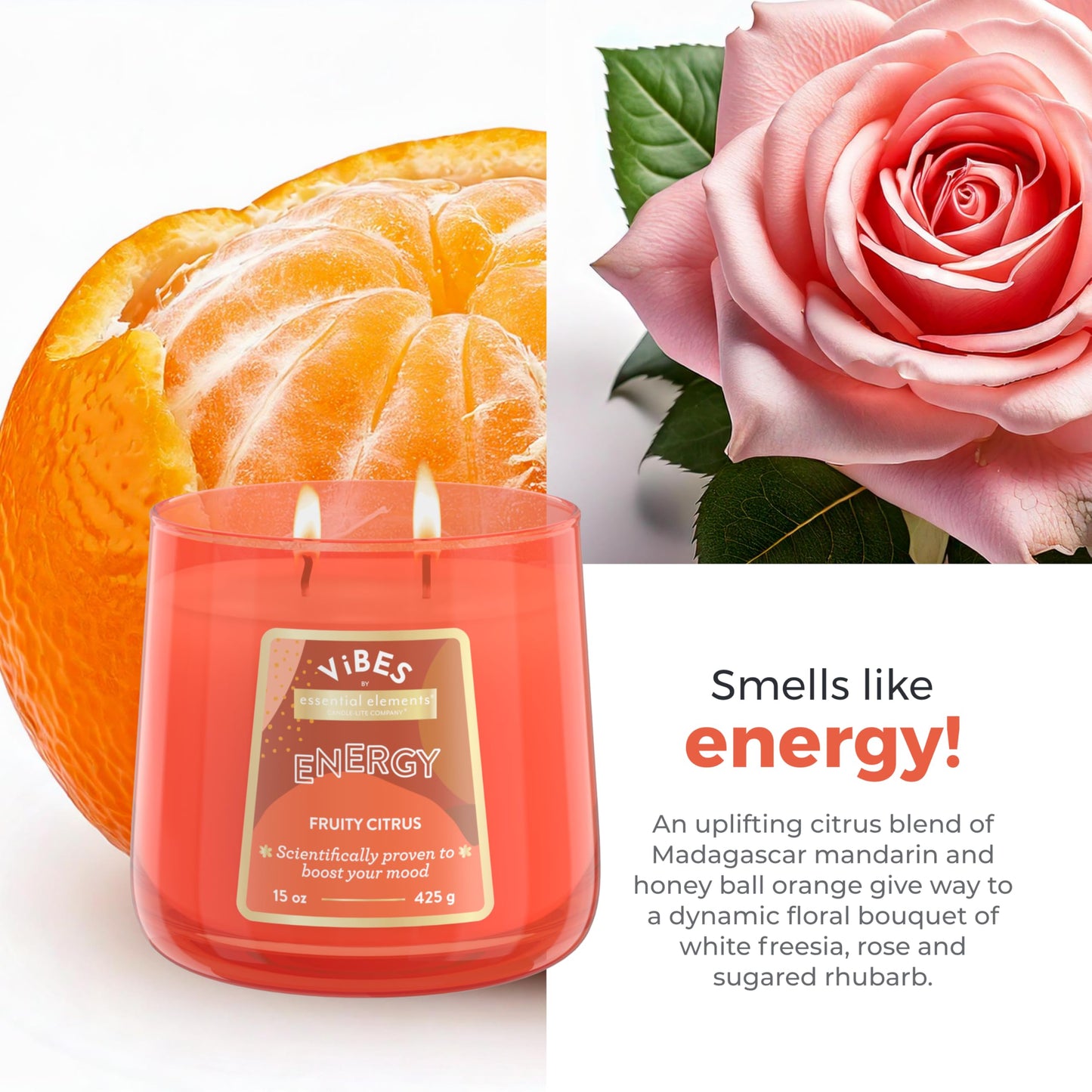 Candle-Lite Vibes Fruity Citrus Mood-Enhancing Scented Candles, 15 oz Jar, Aromatherapy, Proudly Poured in The USA, 2-Wick, 86 Hours Burn Time, Perfect Relaxation Gift