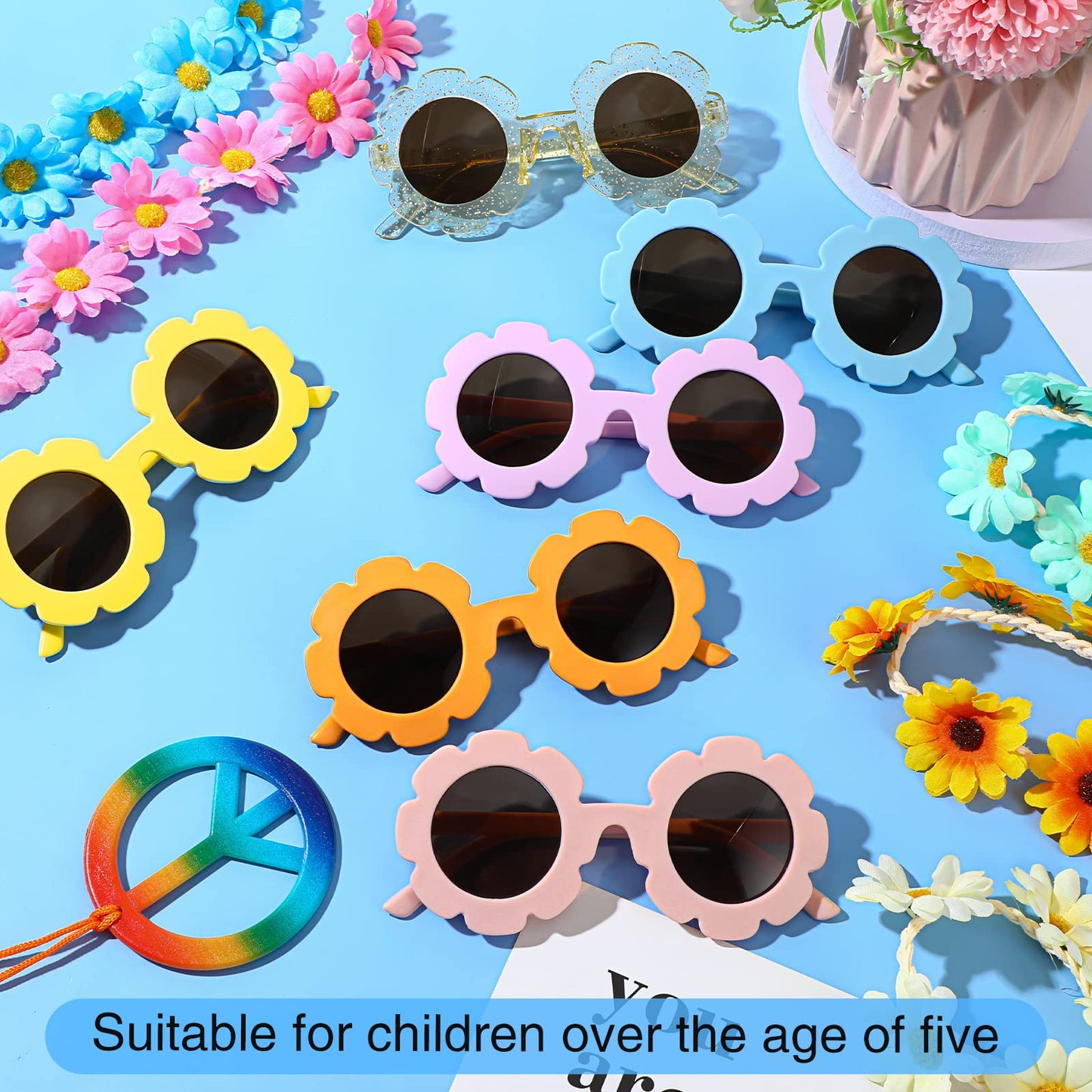 Cindeer 36 Pcs Retro Flower Sunglasses Daisy Flower Headbands Peace Sign Necklace Set, Groovy Party Decorations Hippie Costume Accessories 60s 70s Party Favors for Kids