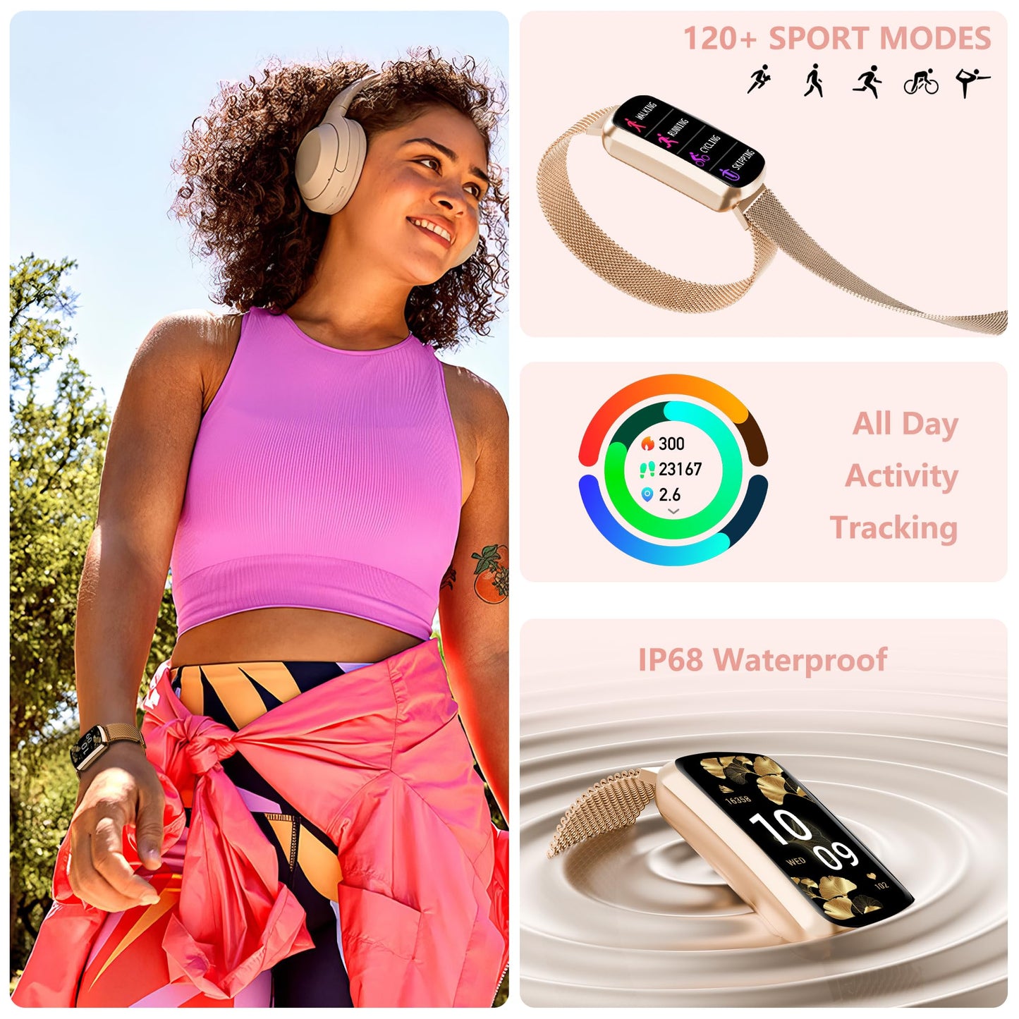 JYUAJOI Health Fitness Tracker, Smart Watch with 24/7 Heart Rate and Blood Pressure Monitor, Activity Tracker with Blood Oxygen, 120 Sport Mode Waterproof Sleep Tracker for Women Men (Pink Gold)