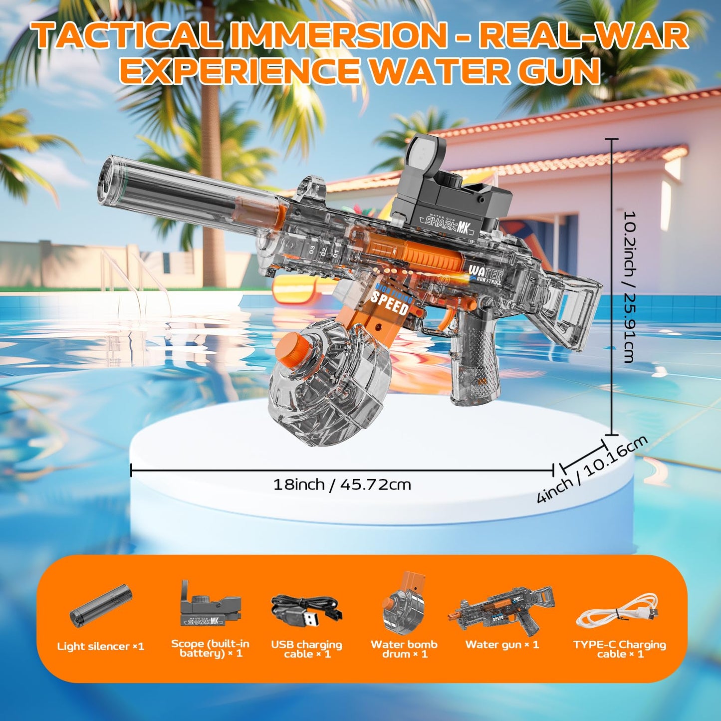 Electric Water Gun for Adults Kids, Automatic Squirt Watergun Pistol with Led Lights, Summer Outdoor Pool Beach Party Toys, UMP45 Black