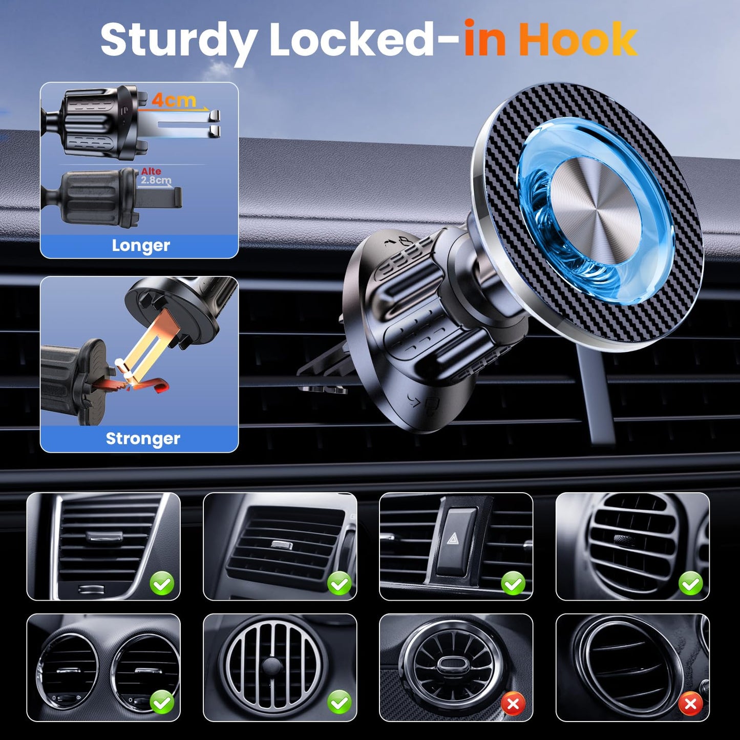 Coneclat for MagSafe Car Mount Magnetic Phone Holder for Car [2025 Upgraded 22X Magnets & Double-Hooks] Phone Holders for Your Car Stand for Dashboard Vent GPS for iPhone 16/15/14/13/12 Android etc