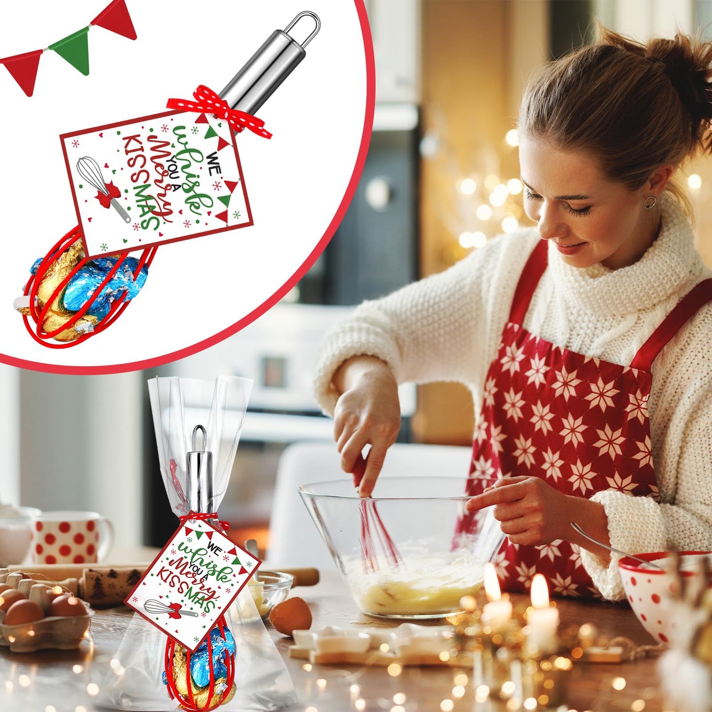 Nuogo 6 Sets Christmas Whisk Baking Supplies Gifts Sets Includes Stainless Steel Whisk, Greeting Cards, Ribbons, Plastic Bags for Neighbor Employee Cooking Supplies Christmas Stocking Stuffers Ideas