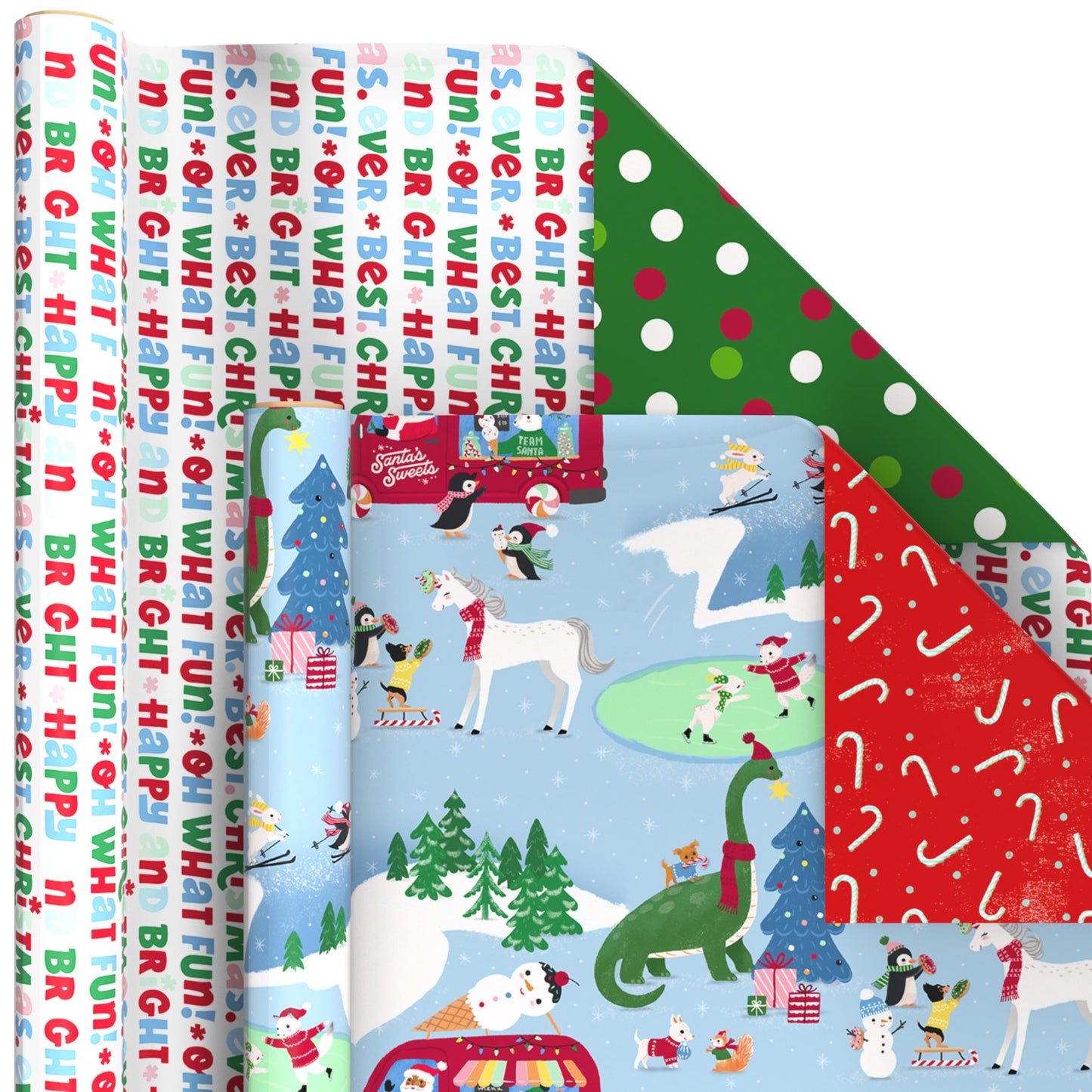 Hallmark Reversible Christmas Wrapping Paper Rolls for Kids (6 Rolls: 150 Sq. Ft. Total) Cookies, Donuts, Mittens, Penguins, Dinosaurs