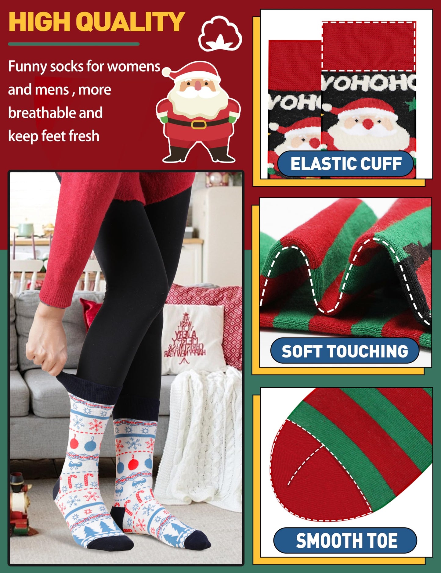 Funny Socks for Women Men Fun Cozy Crazy Cute Novelty Fashion Gift Breathable Cotton Boot Socks Stocking Stuffers(Christmas Style(12 Pairs),L)