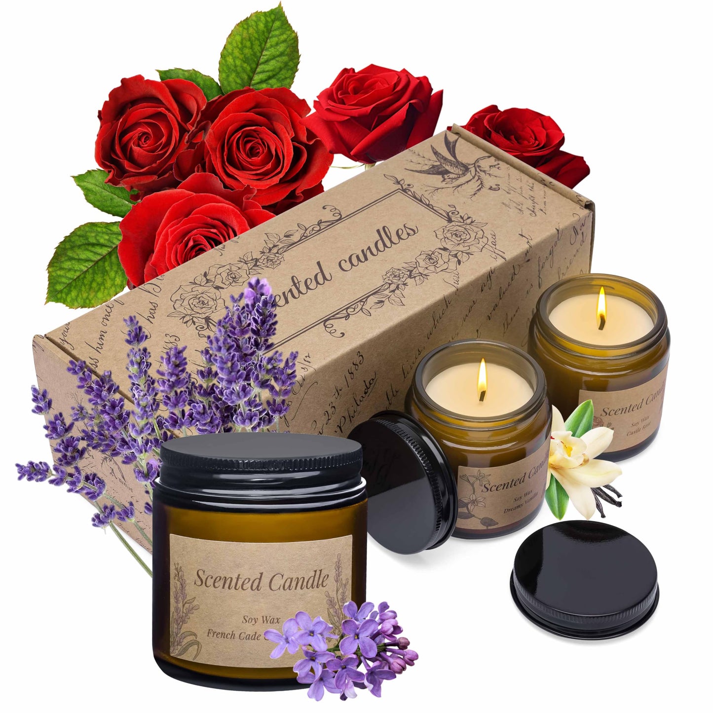 Rancco 3 Packs Scented Candles Set, Soy Candle for Home Scented, Floral Aromatherapy Jar Candles for Women & Men Ideal Gift for Birthdays, Anniversaries, Graduations(Vanilla Lavender Rose)