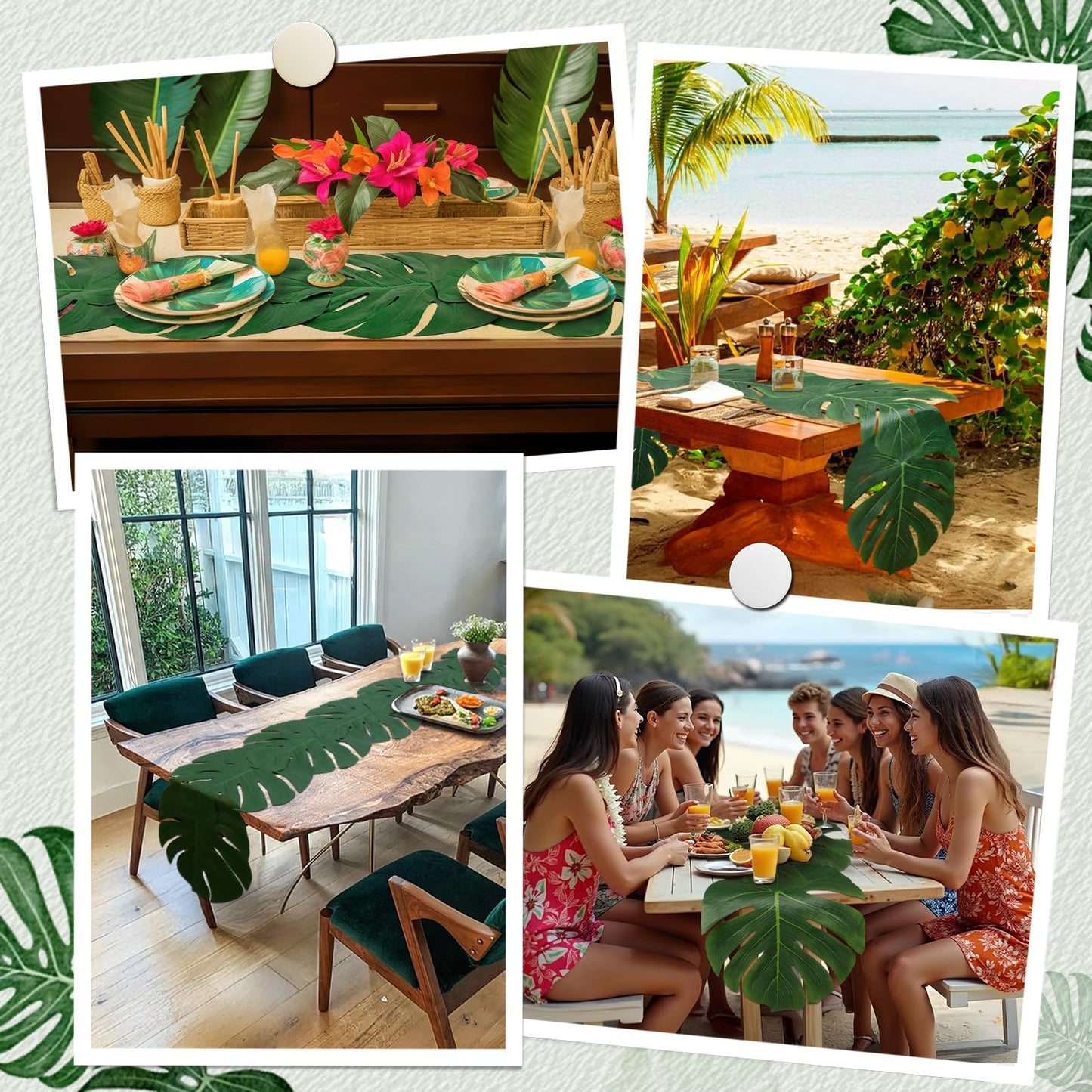 AerWo 6Pcs Artificial Palm Leaves Green Table Runner, Summer Tropical Leaf Table Runners 72 inches Long for Wedding Moana Jungle Safari Tropical Hawaiian Luau Party Decorations