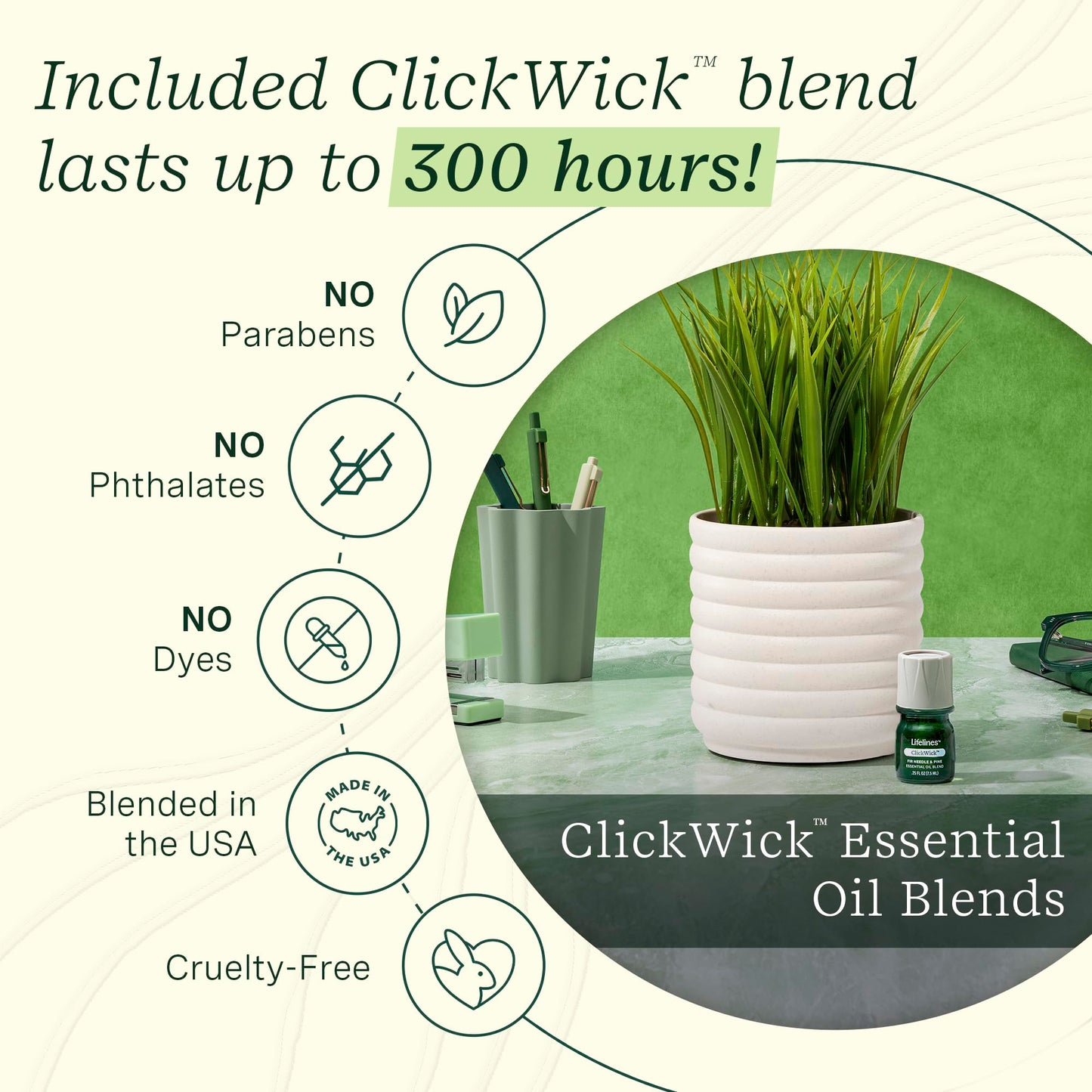 Lifelines Plant Diffuser with Modern Planter, Grass - Rechargeable Aromatherapy Diffuser, Artificial Faux Plants Home & Office - ClickWick Essential Oil Blend Included