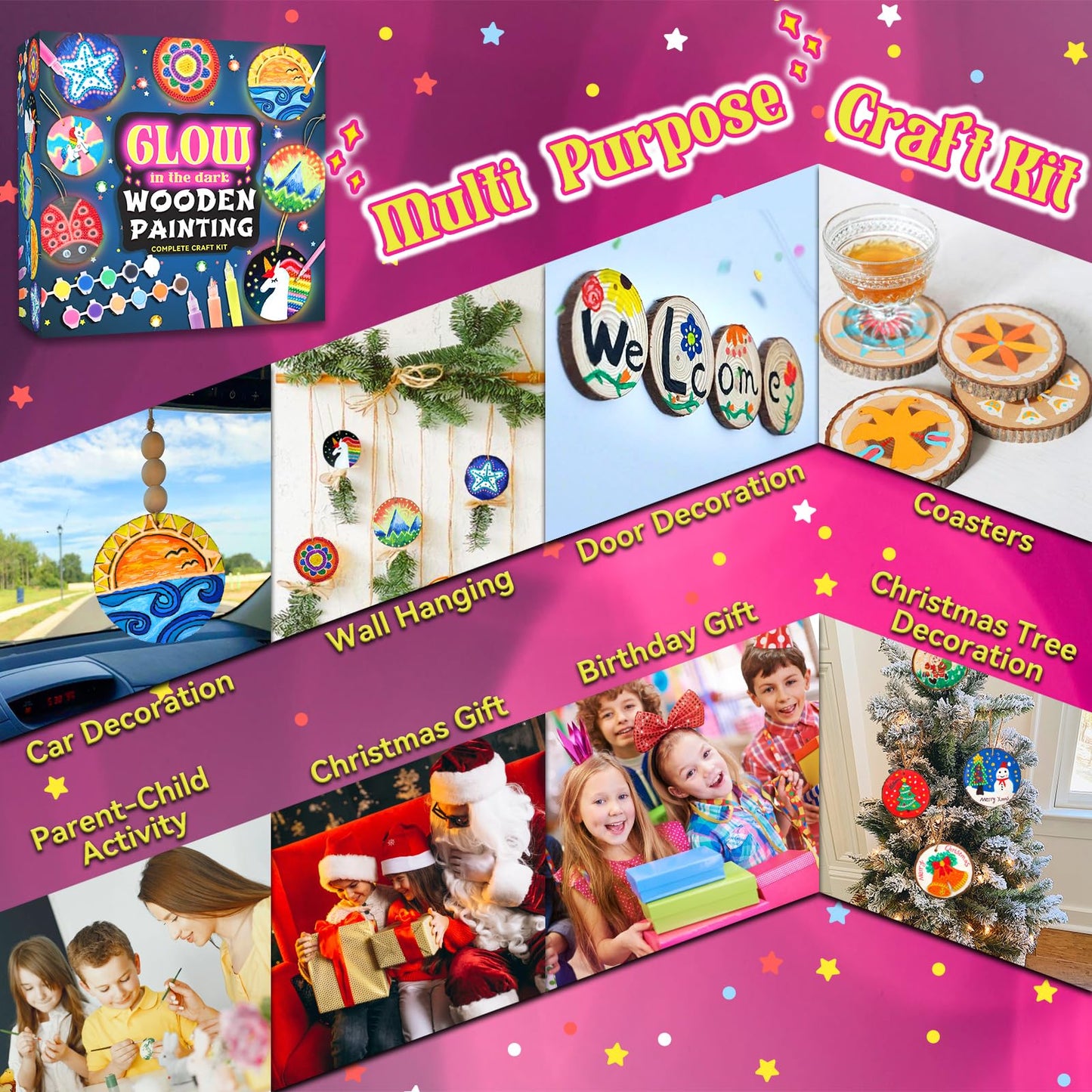 klmars Kids Wooden Painting Kit-Glow in The Dark-Arts & Crafts Gifts for Boys Girls Ages 5-12-Craft Activities Kits - Creative Art Toys for 5, 6, 7, 8, 9, 10, 11 & 12 Year Old Kids