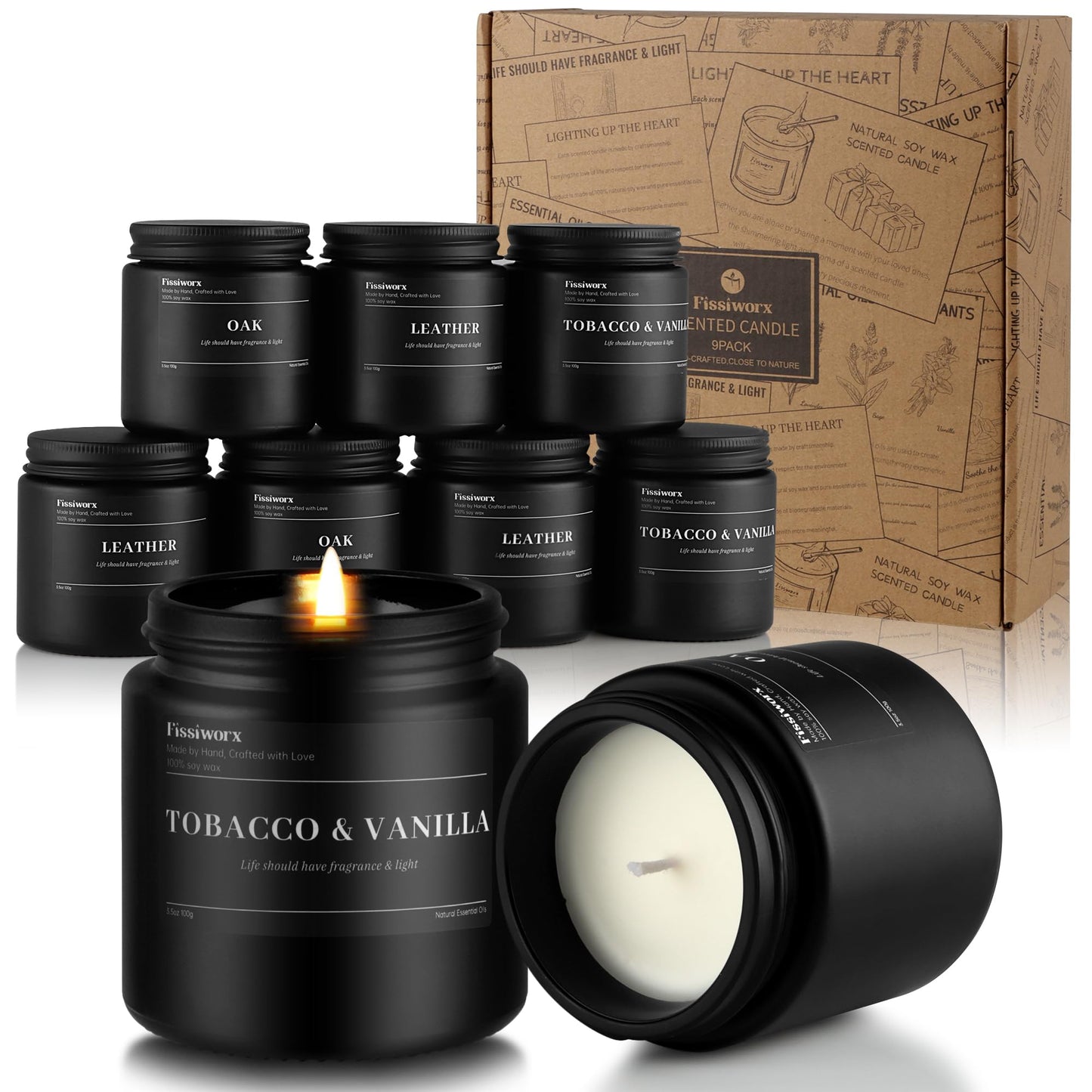 FISSIWORX 9 Pack Scented Candles Set Gifts for Men, Aromatherapy Candle Set with Scents (Leather/Vanilla/Oak) - Gift for Dad, Boyfriend, Birthday, Father’s Day, Anniversary
