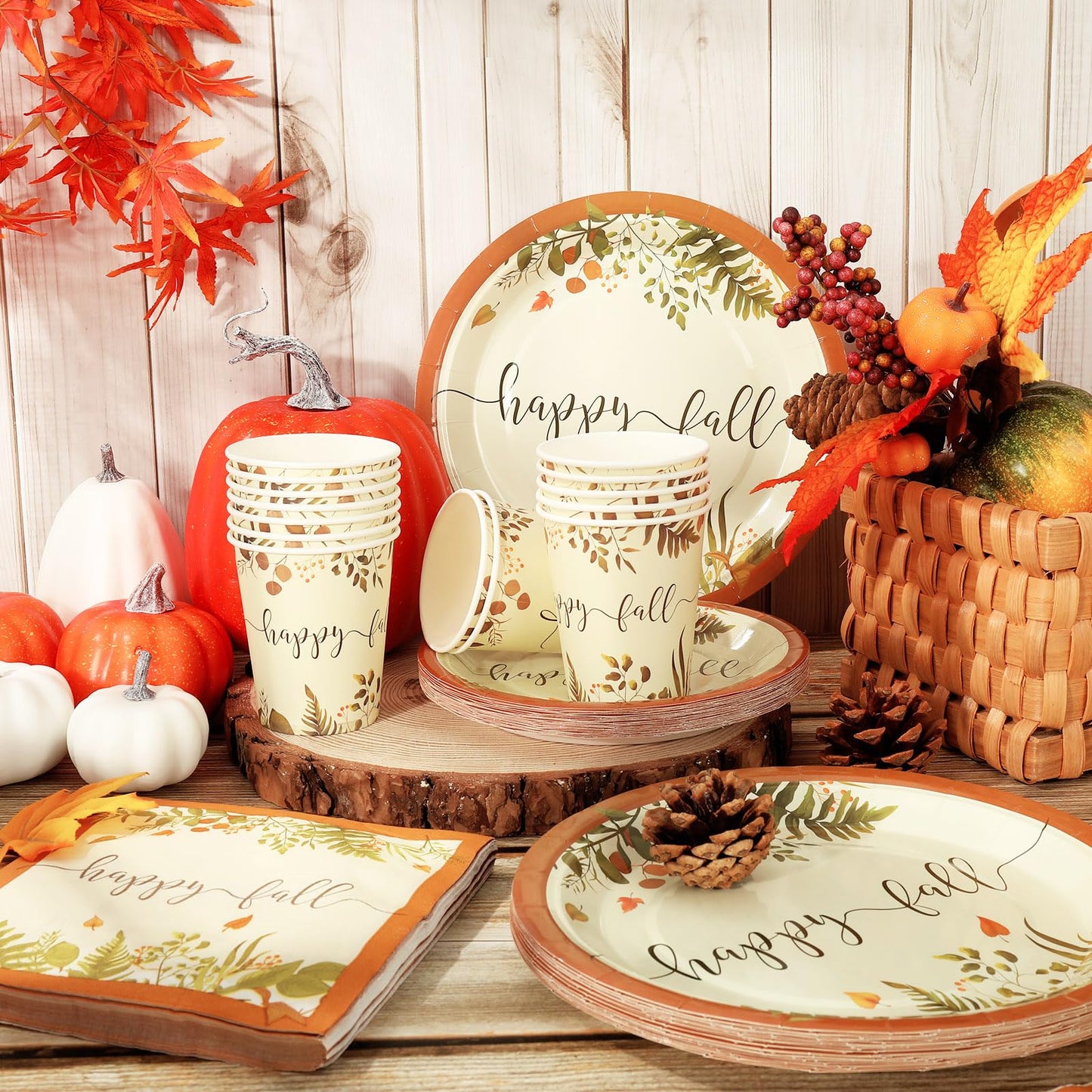 Whaline 24 Sets Fall Thanksgiving Paper Plates Cups and Napkins Party Decorations Rustic Autumn Leaves Disposable Paper Plates Happy Fall Paper Cups and Napkins for Holiday Wedding Birthday Party