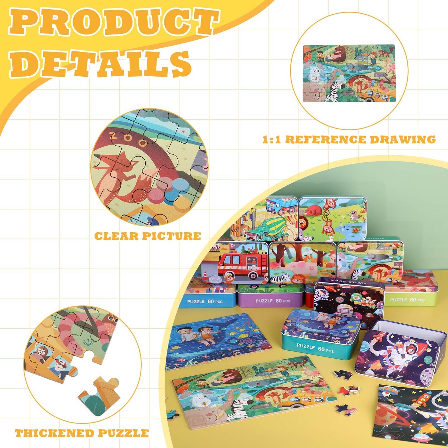 Silipull 12 Boxes Party Favors Jigsaw Puzzles in a Metal Box for Age of 4-8, Wooden Puzzle for Ages 4-8 Boys and Girls Learning Educational Jigsaw Pieces Toys, 12 Styles(Novel)