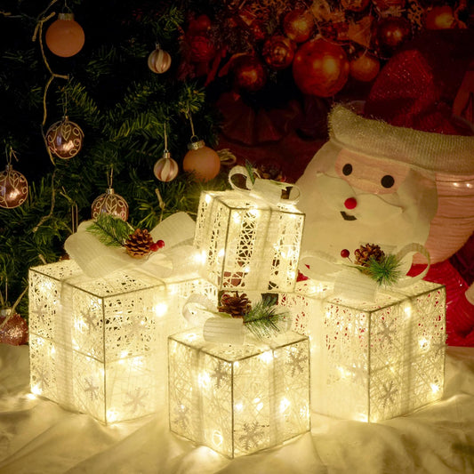 Christmas Lighted Gift Boxes, Set of 4 Christmas Decorations, Battery Operated Xmas Present Boxes, Warm White LED with Bows for Indoor Christmas Tree, Yard, Home Decor
