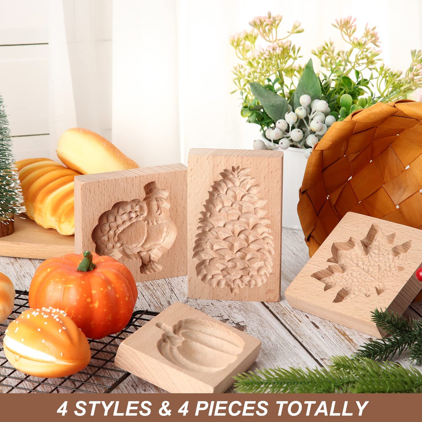 eBoot 4 Pcs Thanksgiving Cookie Molds Carved Wooden Cookie Press Embossing Cookie Cutter Funny 3D for Kitchen Baking DIY, 4 Styles