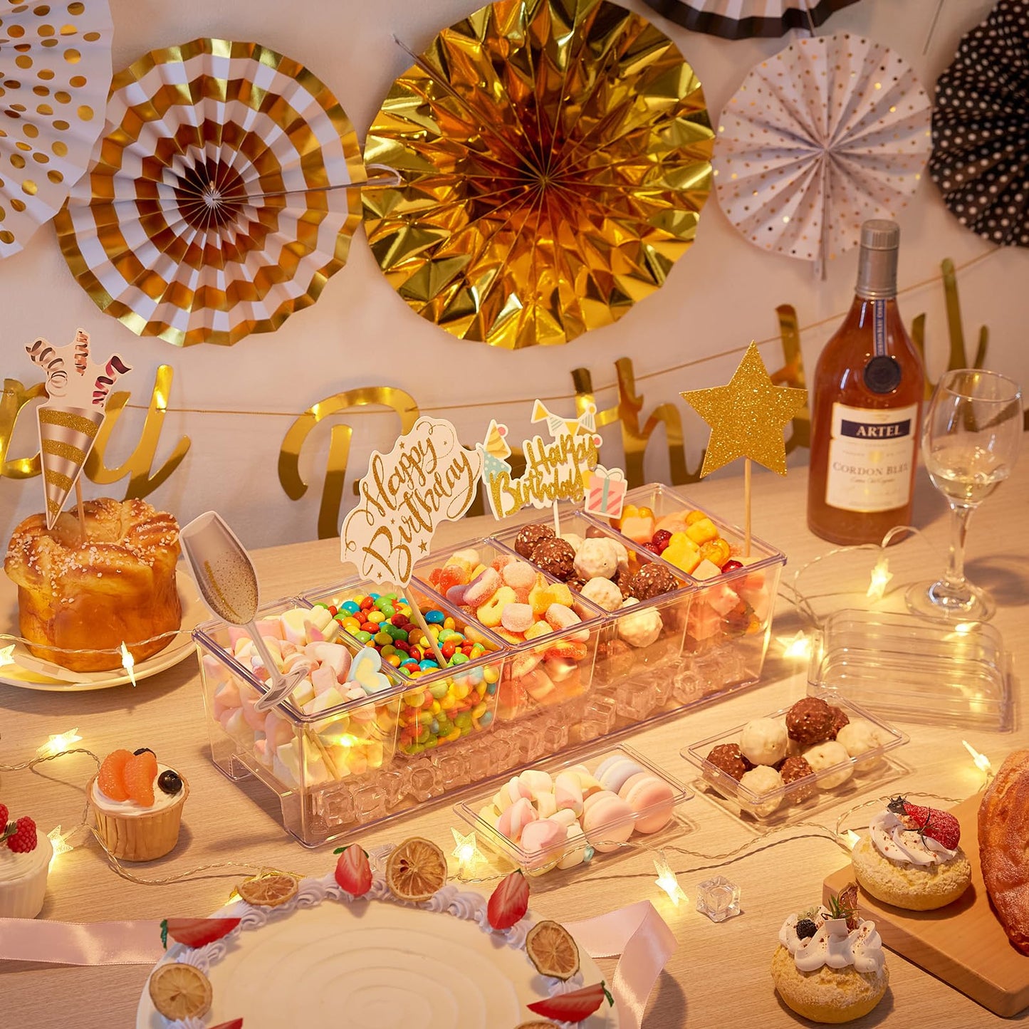 Lifewit Ice Chilled Condiment Caddy with 5x 20oz(2.5 cup) Containers, 15.3" Condiment Server with Separate Lids, Serving Tray Platter with Removable Dishes for Bar, Fruit, Salad, Taco, Party Garnish