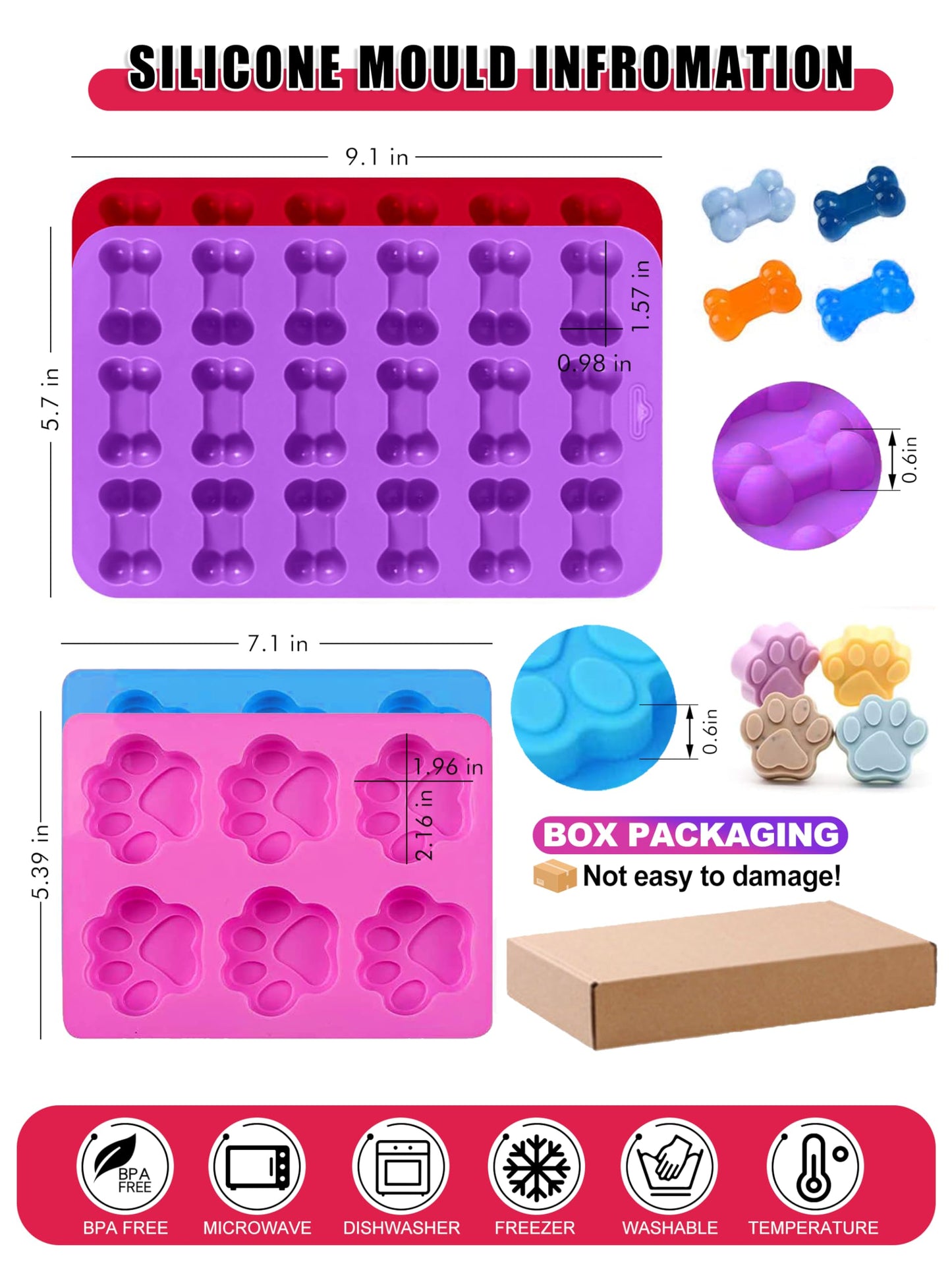 RUGVOMWM Homemade Silicone Dog Treat Molds - Dog Treat Cookie Cutters - Dog Treat Recipes Card, Food Grade Silicone Molds for Candy and Dog Ice Cubs - Set of 15